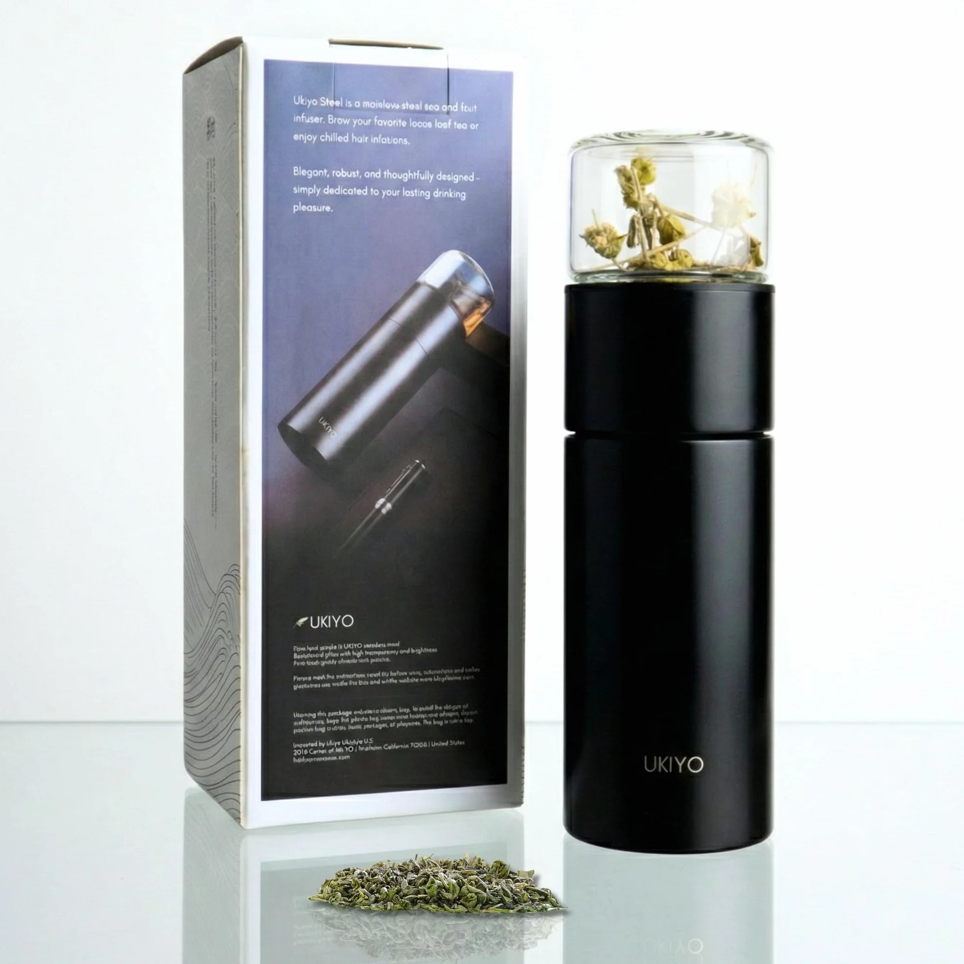 Ukiyo - Botella de acero inoxidable y vidrio con infusor de té y frutas, vaso de viaje con filtro de acero inoxidable