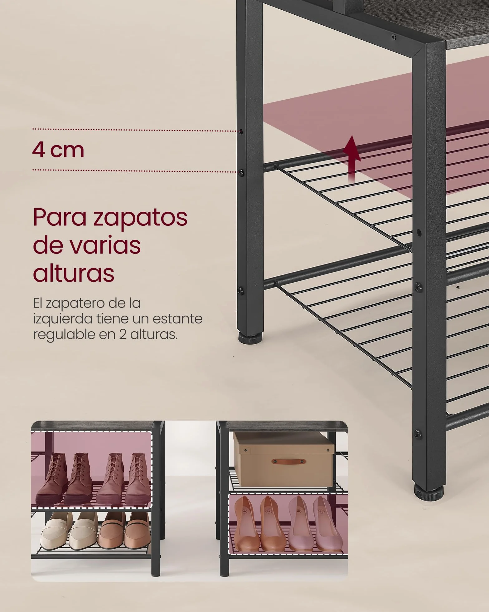 VASAGLE Perchero Recibidor con Banco Zapatero y 5 Estantes de Almacenaje, 9 Ganchos para Ropa y 6 Ganchos Laterales, 40 x 120 x 190 cm, Gris Piedra y Negro Tinta HSR426B04
