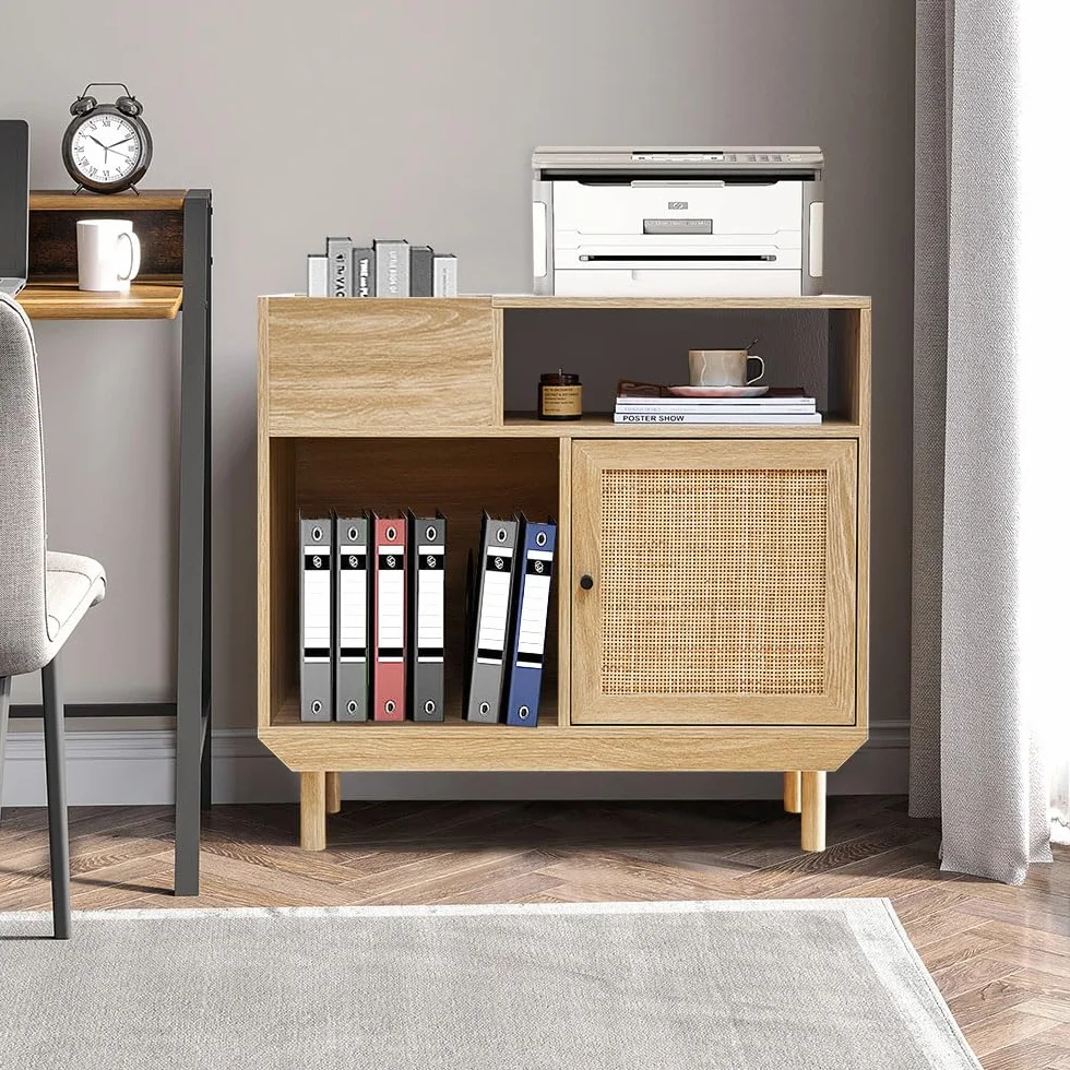 Armario de almacenamiento vintage de madera y ratán tejido – Organizador de discos de vinilo con puertas tejidas a mano, patas de madera maciza, estantería multiusos para discos de vinilo, libros