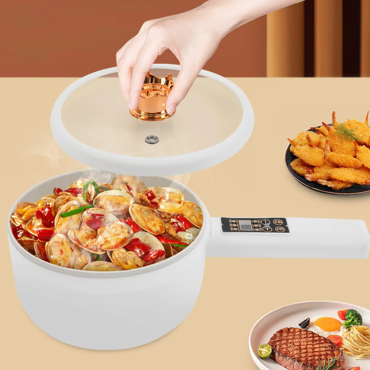 Sartén eléctrica 220 V 1,6 L antiadherente multi-cocina con vaporizador y tapa