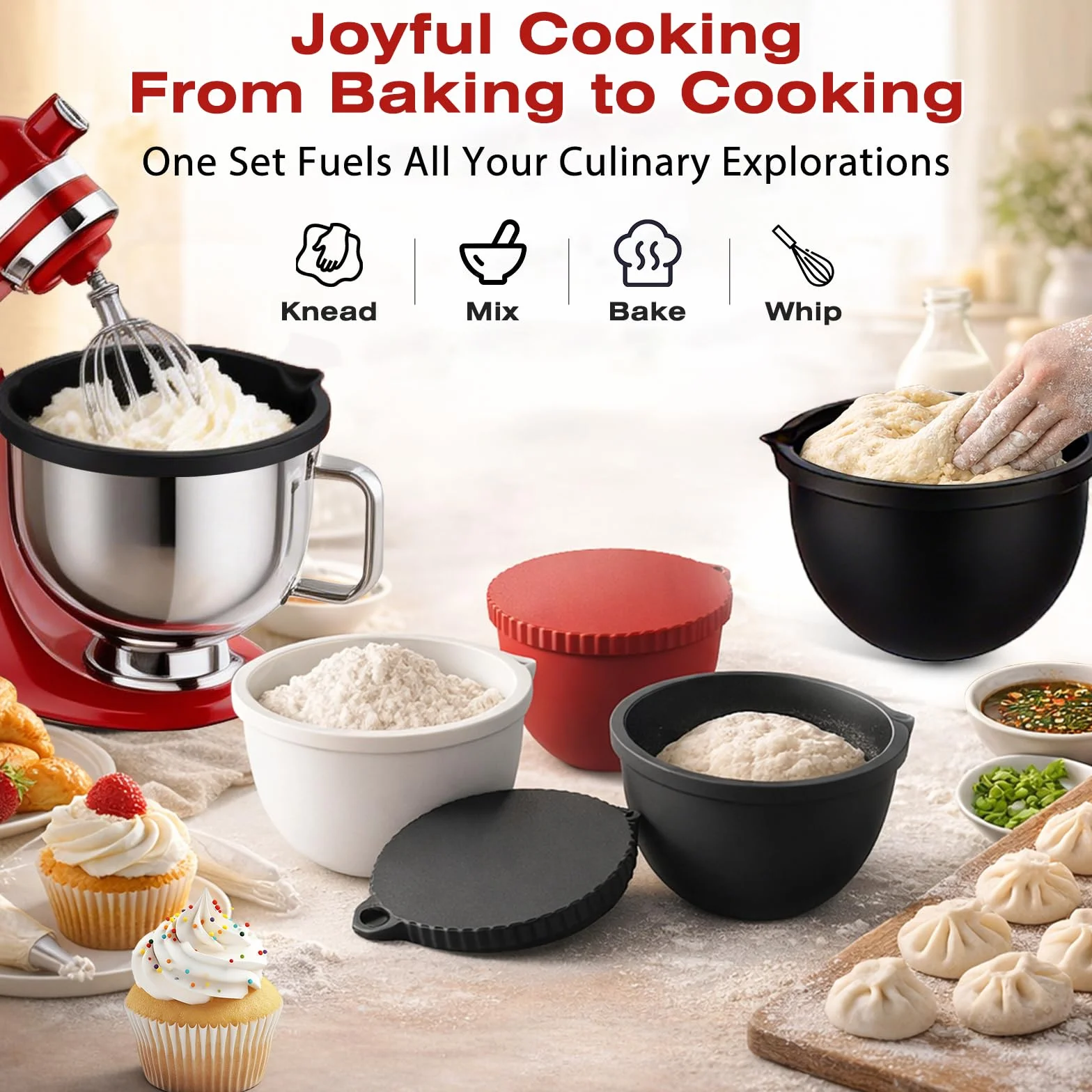 3 Forros de Silicona para Batidora, Compatibles con Kitchenaid Accesorios, Bol de 5 Qt con Tapa, Insertos de Silicona para Batidora, Antidesplome Reforzado, Apilables, para Hornear/Cocinar