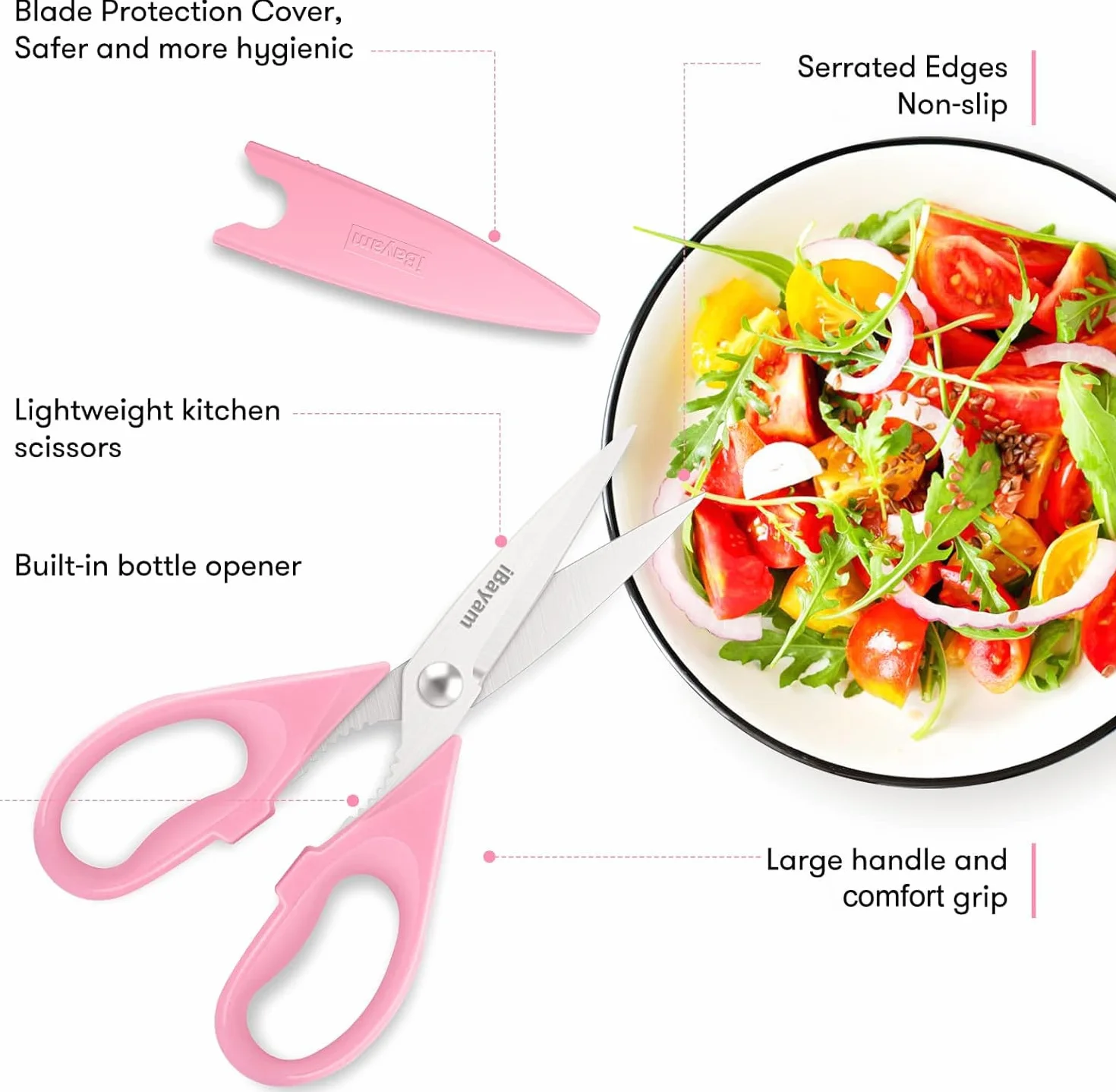 iBayam Tijeras de cocina multiusos de 8.5 pulgadas con funda, accesorios de cocina rosa para mujeres, mamá, esposa, ella