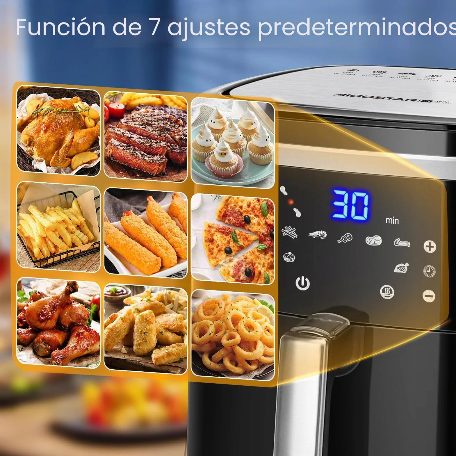 Aigostar Cube - Freidora de aire XXL, 1900W, 7L Air fryer. Libro de recetas incluido, panel LED táctil. Doble uso: con cesta o cajón. 7 funciones preestablecidas + mantener caliente, Sin BPA.