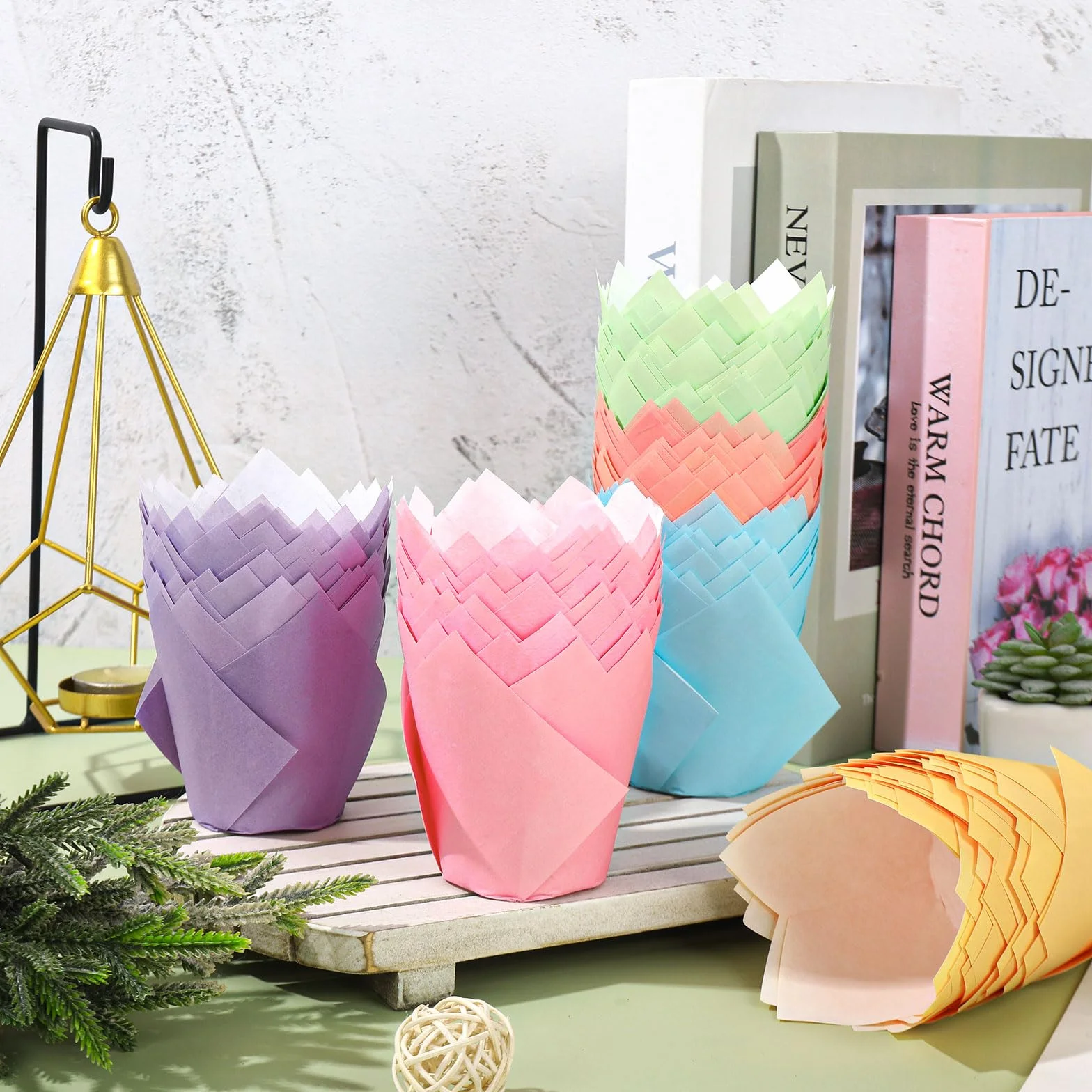 FYSUIMU 180 moldes para magdalenas de tulipán pastel, coloridos moldes para hornear magdalenas, rosa, azul, morado, amarillo, naranja, verde, para primavera, Pascua, vacaciones, suministros de fiesta