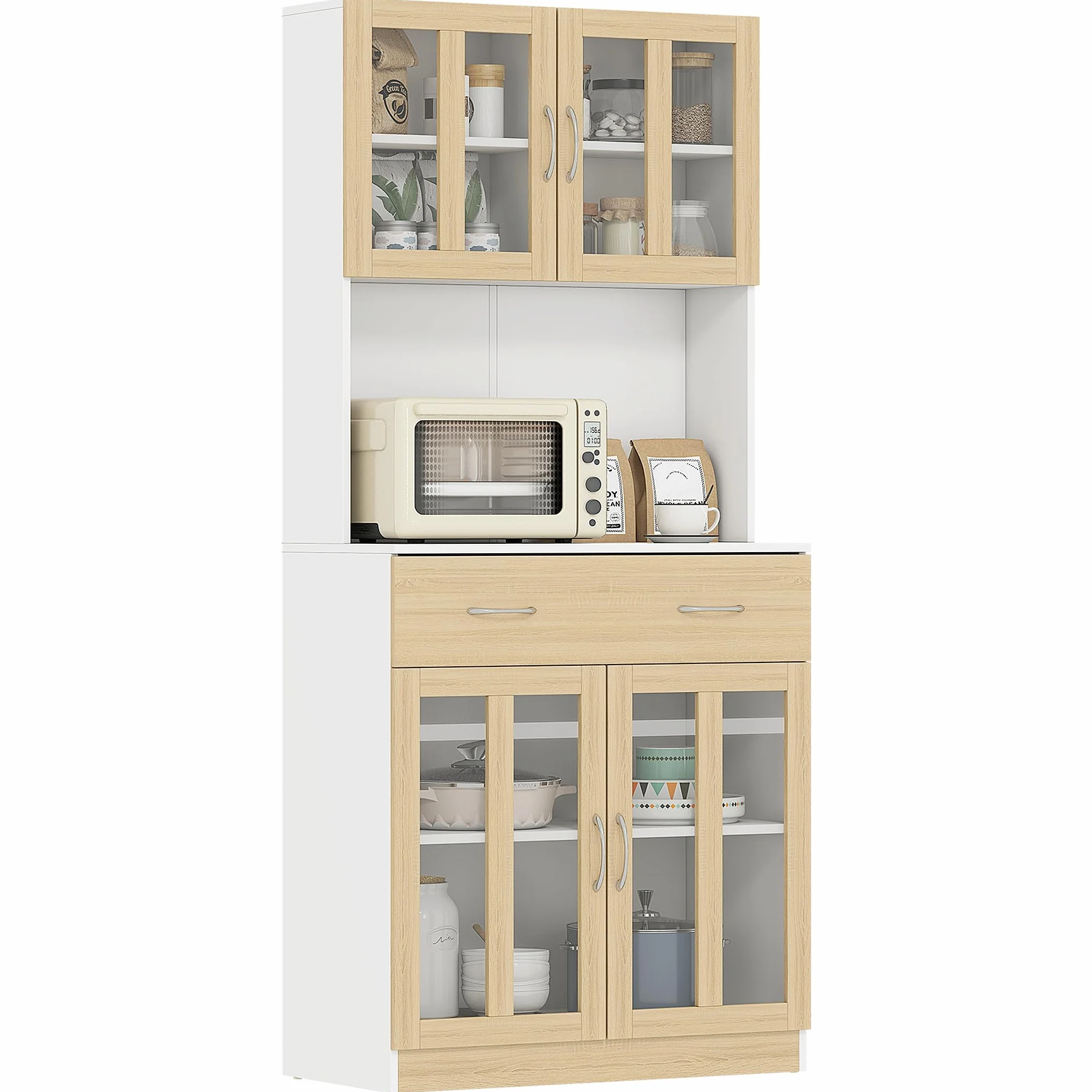 HOMCOM Alacena de Cocina Alta, Mueble Auxiliar de Cocina, con 4 Puertas de Vidrio, Encimera Abierta para Microondas, Cajón, Estantes Ajustables, 80x40x180 cm, Blanco y Natural