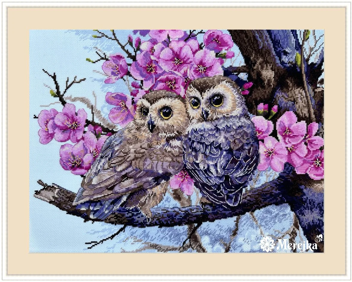 Merejka Kit de punto de cruz contado para adultos, dos búhos en flor de primavera (K-228) | Zweigart Ice-Blue Aida 16 | 34 colores DMC | 38 x 29 cm
