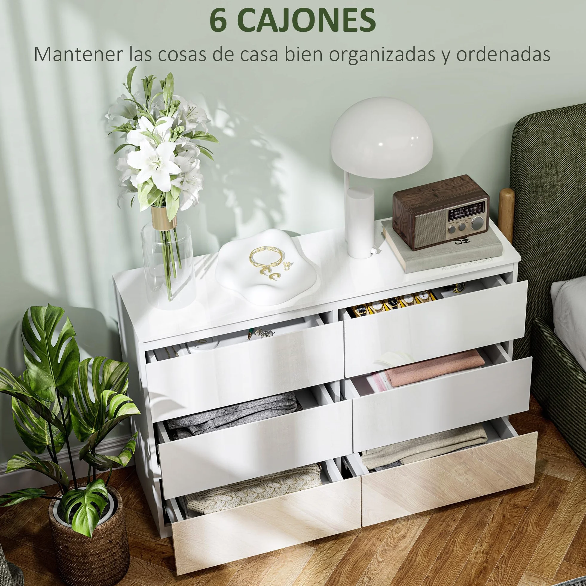 HOMCOM Cómoda con 6 Cajones Cómoda de Dormitorio Moderno con Diseño Anti-vuelco Cajonera para Salón Pasillo 112x34x75 cm Blanco Brillo