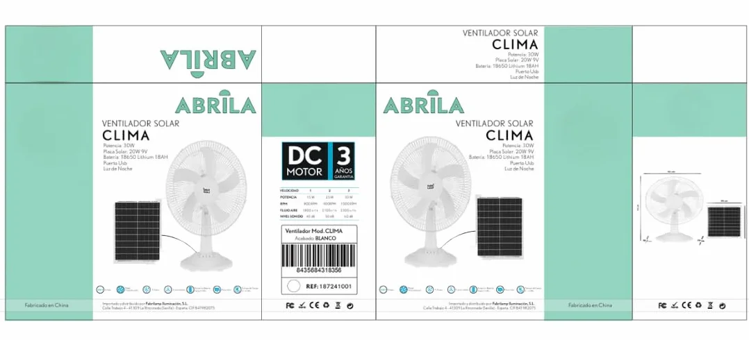 Bilake Ventilador de Sobremesa Solar 20W DC, Motor Silencioso, 3 Velocidades, 5 Aspas, Panel Solar Incluido, Cable 4,2m, Flujo 2000m³/h, Blanco