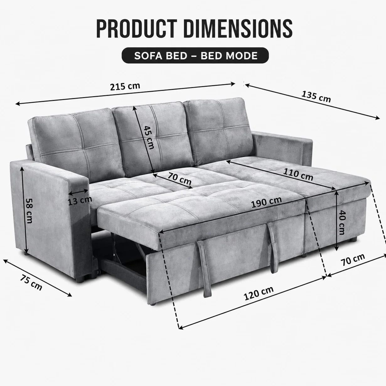 Sofá Cama Chaise Longue BOGA 3 Plazas Gris Terciopelo 215 x 135 cm - Cheslong Reversible con Arcón y Almacenamiento - Sistema de Arrastre - Tapizado Suave - Armazón Pino Macizo - Salón