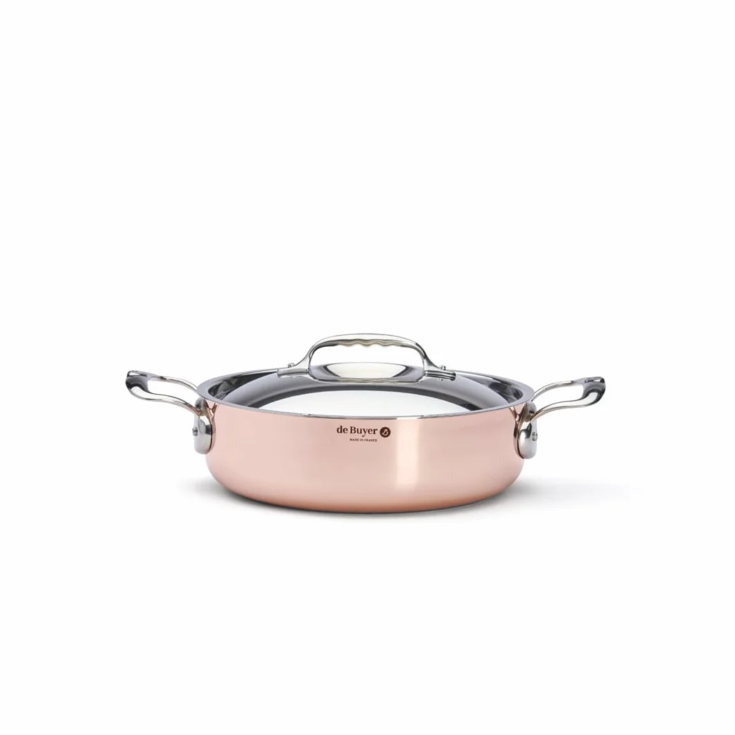 De Buyer, CACEROLA BAJA COBRE INOX INOCUIVRE CON MONTURAS INOX CON TAPADERA Ø 20 CM-35.5x22.5x7 cm-6441.20