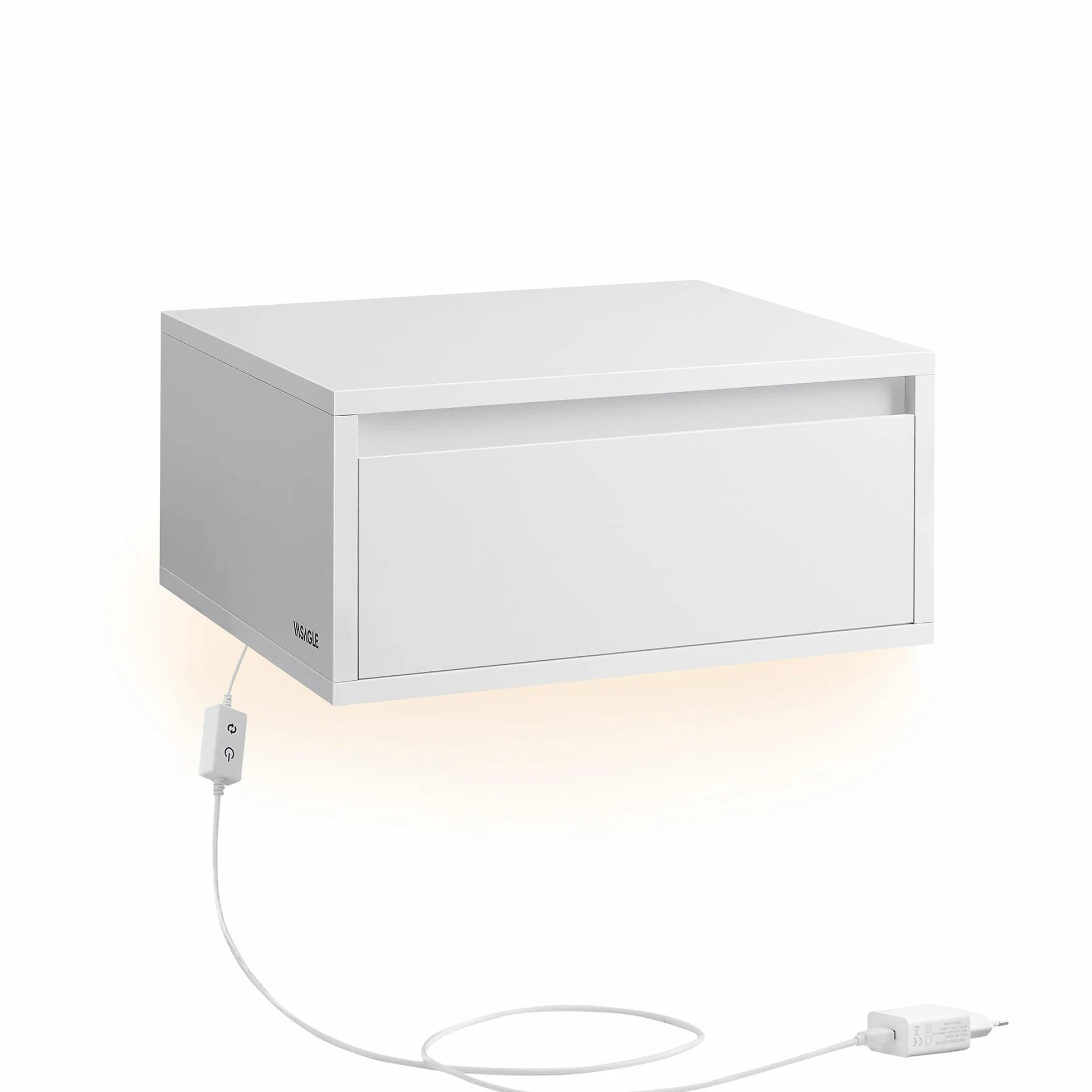 VASAGLE Kailyn Colección - Mesita de Noche Colgante, Luz con 3 Pantallas, Estante de Pared con Cajón, 35 x 40 x 18 cm, Estilo Moderno, Sala de Estar, Dormitorio, Blanco Nube LET654W01