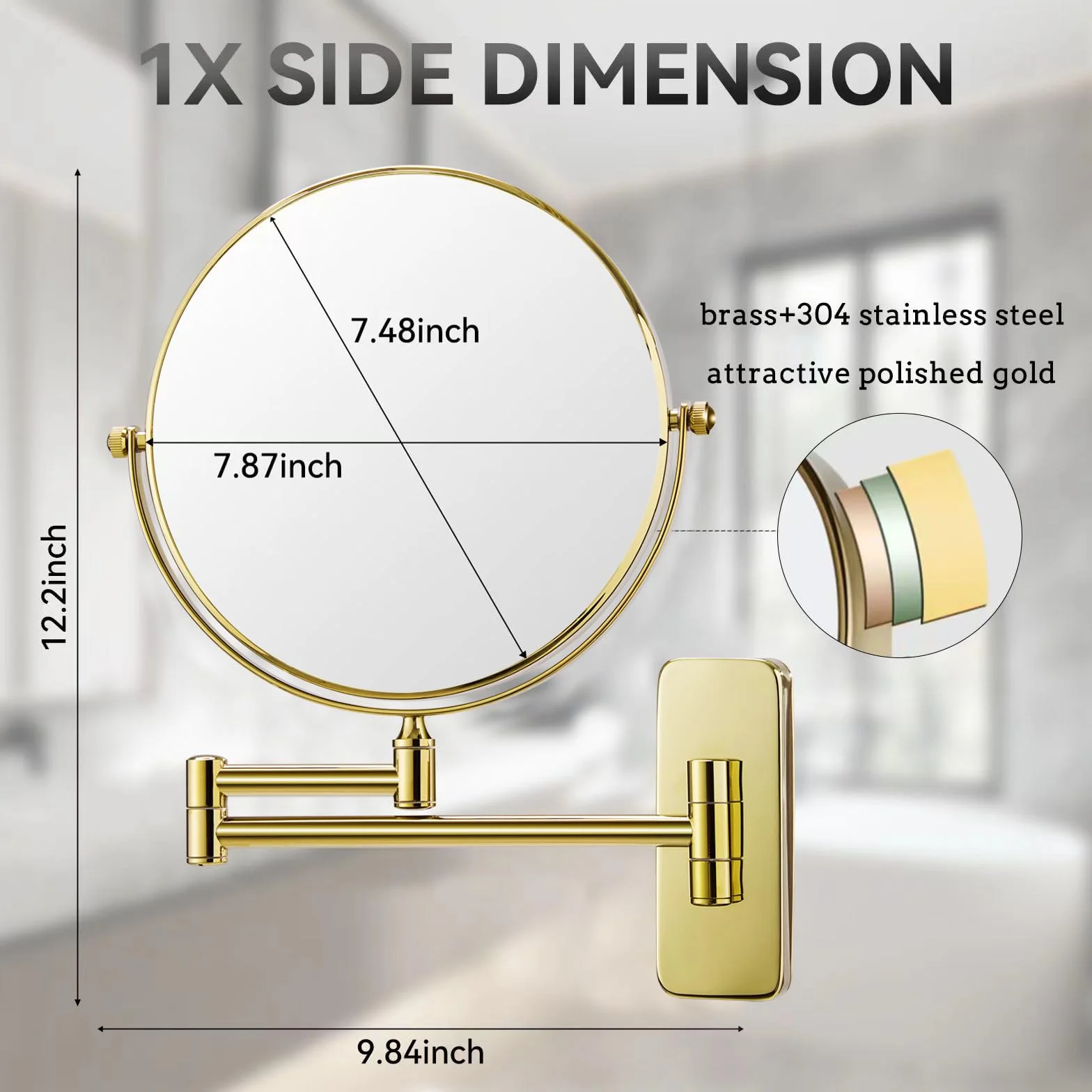 Nicesail Espejo de pared de 8 pulgadas con aumento 7X, espejo de acabado dorado para afeitado y maquillaje, espejo de tocador de aumento en el baño