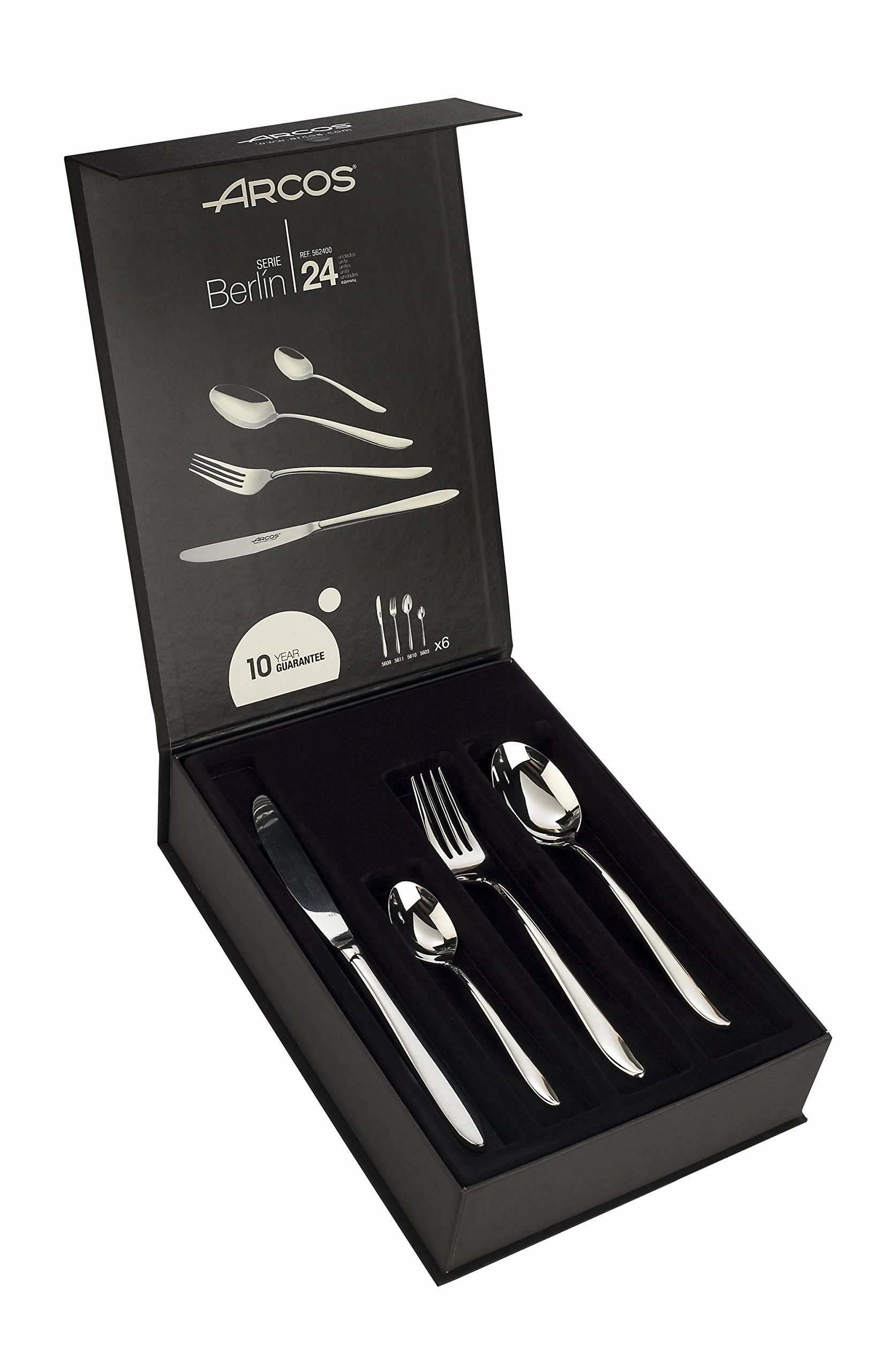 ARCOS Juego de Cubiertos de 24 Piezas para Mesa. Cuberterí­a Completa para 6 Personas. Set de 6 Cucharas, 6 Cuchillos, 6 Tenedores y 6 Cucharas de Postre. Serie Berlí­n. Color Plata