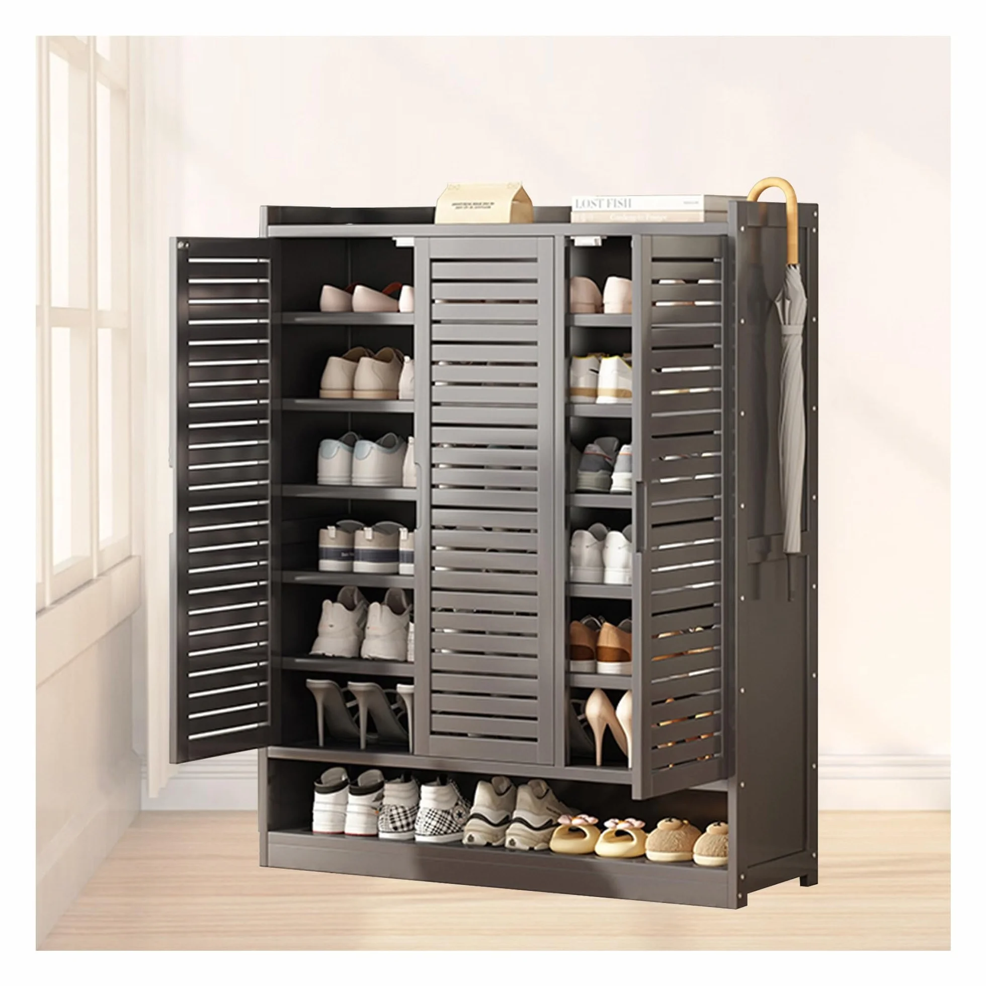 HASMI Gabinete de Zapatos de Bambú para Entrada con Puertas de Obturador, Estante de Zapato Independiente de Madera Gran Capacidad/a/95 * 33 * 115Cm