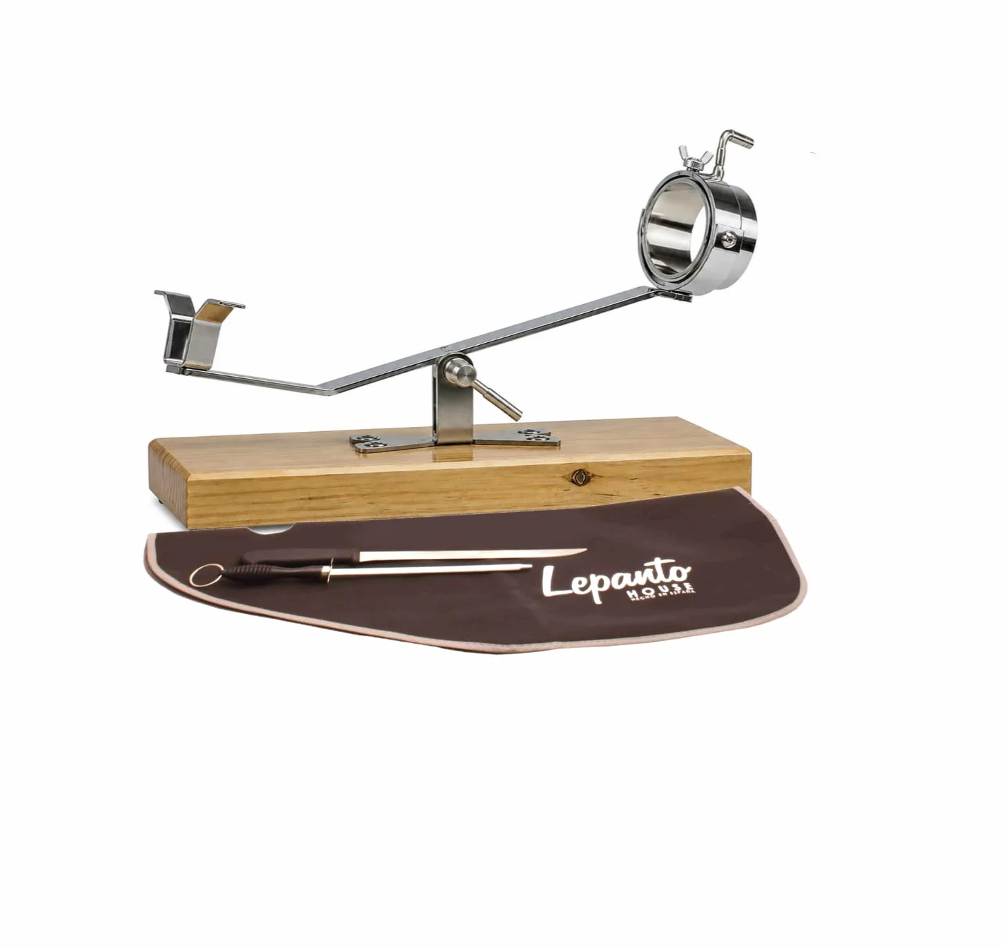 FERRETERIA LEPANTO Jamonero Giratorio basculante Giratorio, Soporte jamonero + Set de Corte con Cuchillo jamonero, chaira y Cubre Jamon: (Base Madera Nogal)