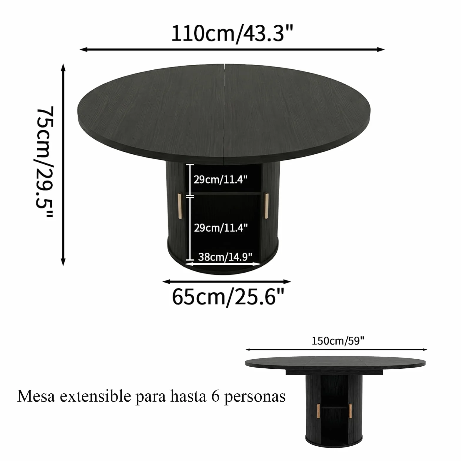 Mesa de comedor redonda extensible - de redonda a ovalada | Mesa de comedor moderna con base cilíndrica, mesa de cocina de madera para 4-6 personas, color negro (solo mesa)