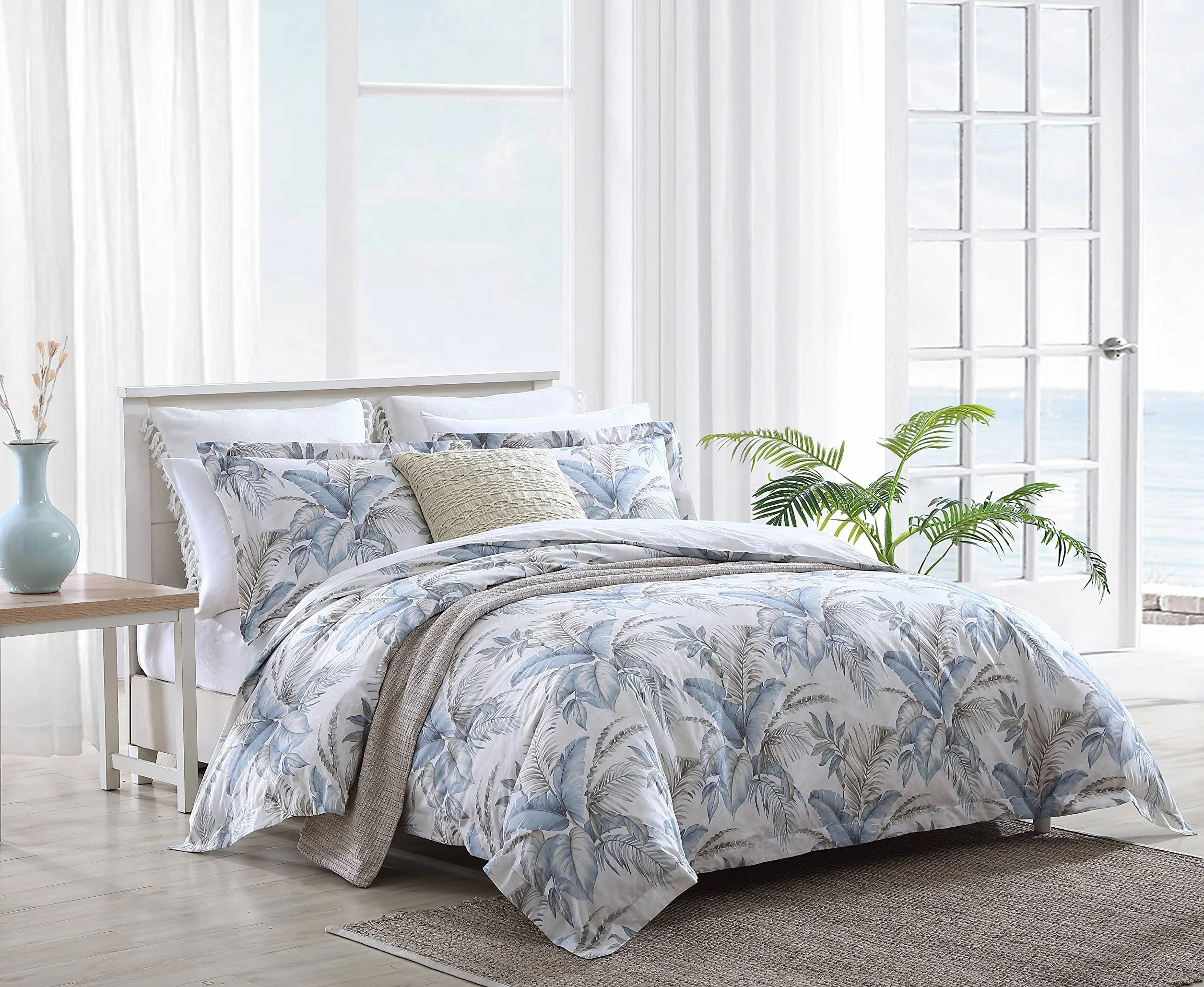 Tommy Bahama - Juego de Funda de edredón Queen, Ropa de Cama de algodón con Fundas a Juego y Cierre de botón, decoración del hogar para Todas Las Estaciones (Azul Azulado, Queen)