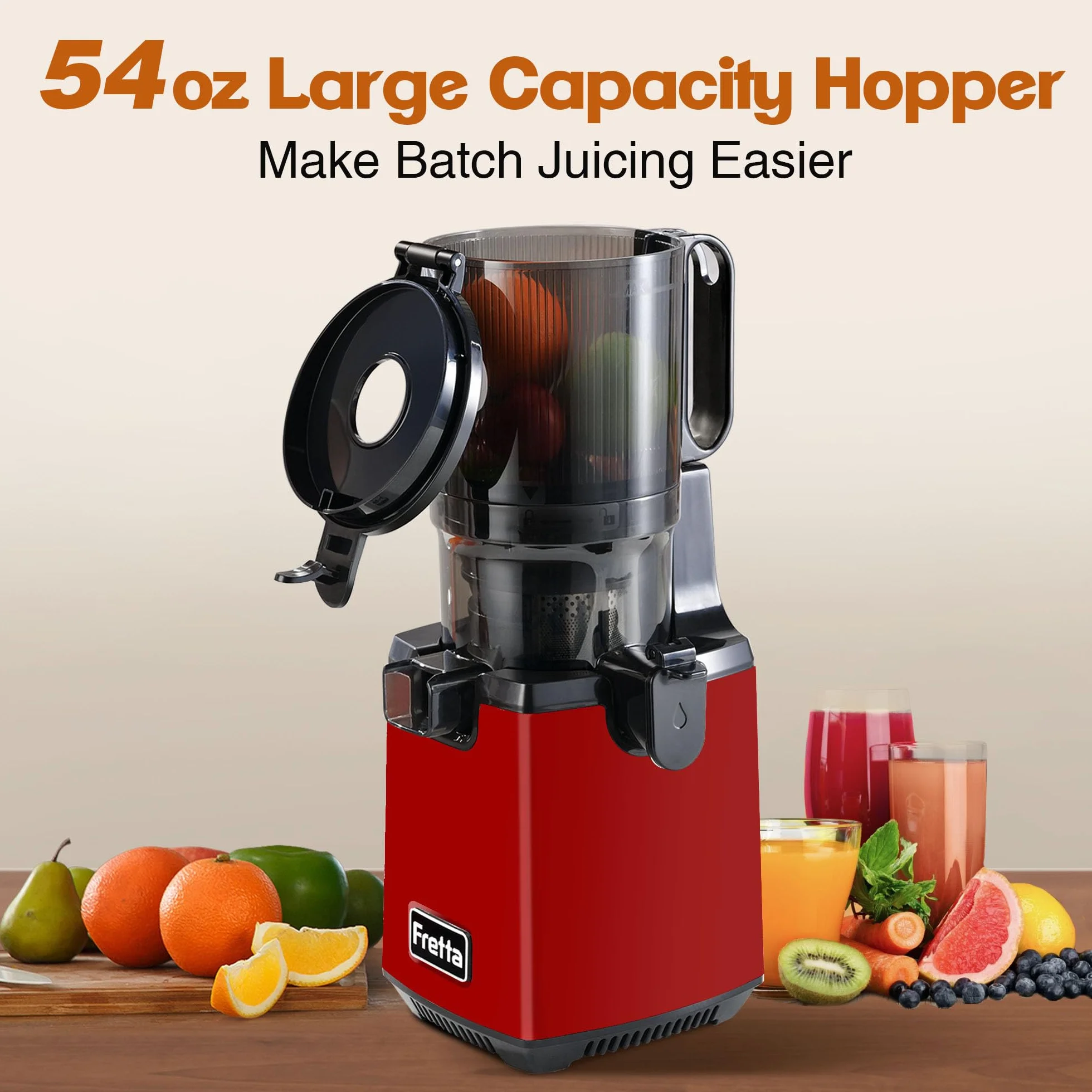 Fretta extractor de zumos y verduras,Exprimidor de Frutas y Verduras de 1,8 Litros con Triple Filtro,250W,fácil de instalar,desmontar y limpiar,Base de acero inoxidable (Rojo Puro)