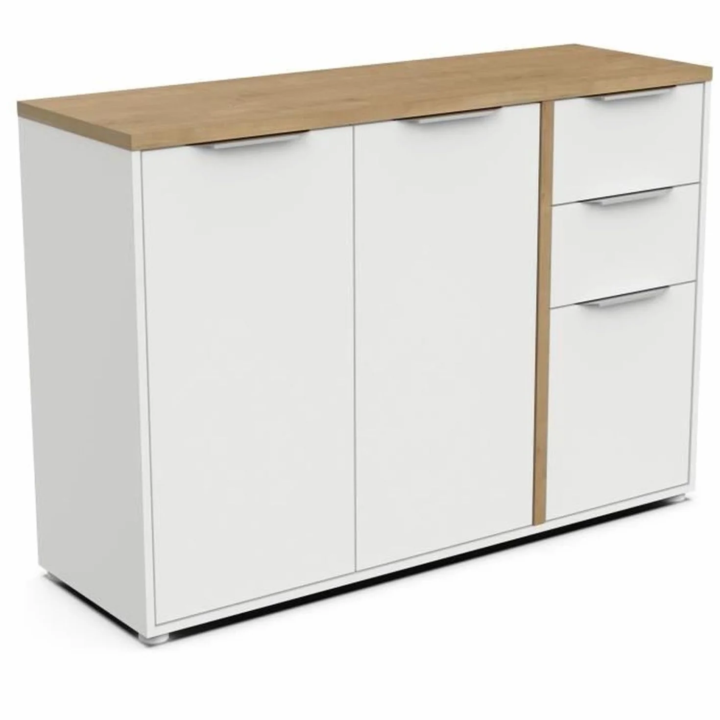 Aparador Moderno Blanco Mate y Roble Hamilton 3 Puertas 2 Cajones 121,5 x 39,6 x 85,6 cm