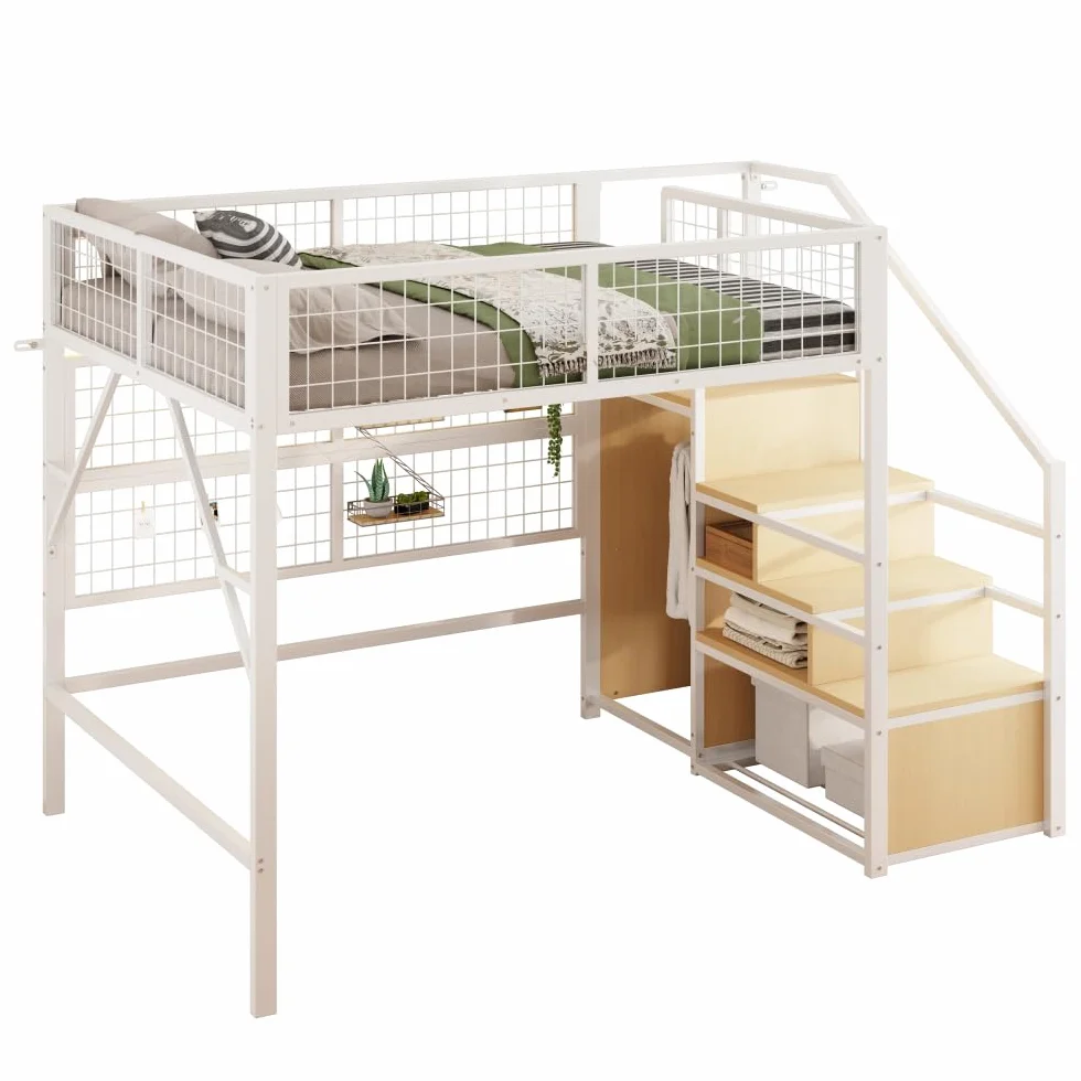 I0I&I0I Cama de metal de hierro para niños y jóvenes con tiras de luz LED, escalera con espacio de almacenamiento, armario abierto, color negro, versátil 193 (blanco + metal + 140 cm x 200 cm)