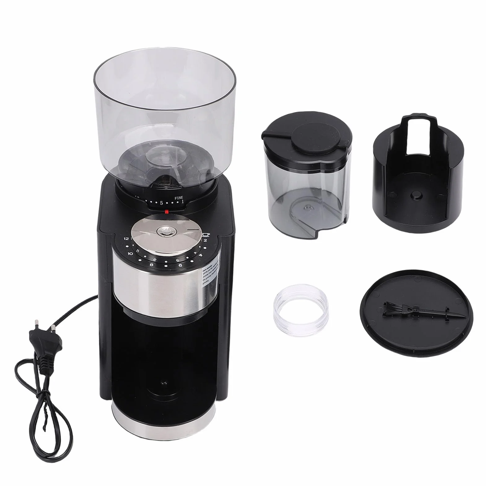Molinillo de Café Eléctrico de Muelas Cónicas, Ajustable de Acero Inoxidable, Depósito de 250g con Piezas Desmontables para Uso Doméstico y Oficina (Enchufe europeo 220V)