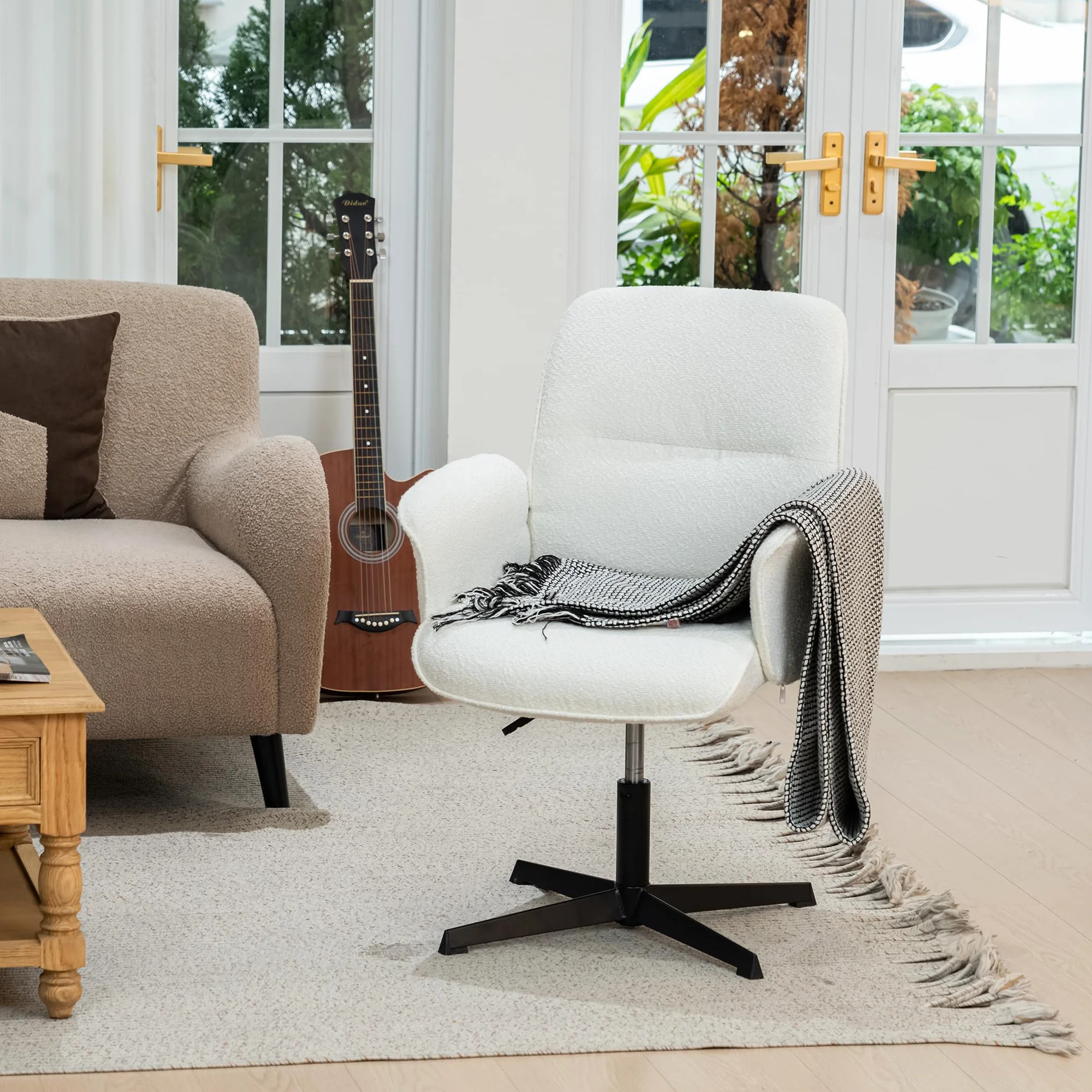 MEUBLE Cosy Sillones de salón Butaca nórdica Sillas de Maquillaje Escritorio de Giratoria Altura Ajustable con Reposabrazos para Dormitorio Oficina en Tela de Felpa Blanco