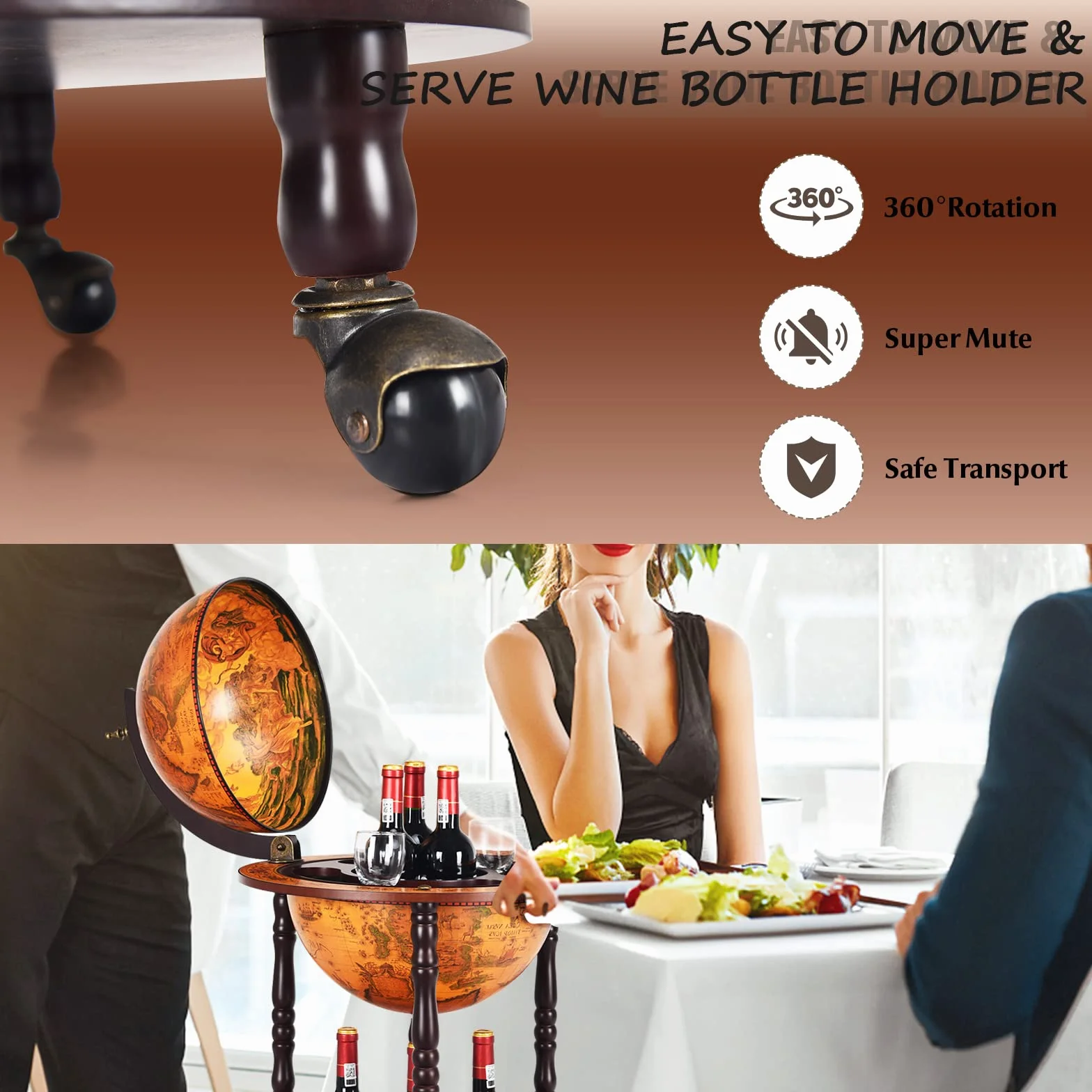 KOMFOTTEU Botellero Bar Globo Terráqueo con Ruedas, Soporte para Botellas de 2 Niveles, Carrito de Bar de Madera, Mueble Minibar para Bebidas, para Restaurante, Fiesta (Marrón, 47 x 47 x 90 cm)