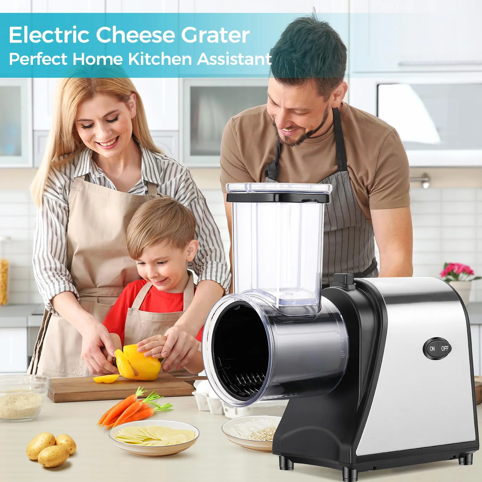 Nictemaw Cortador de Verduras Eléctrico Profesional 250W – Rallador de Queso Acero Inoxidable y Mandolina con 5 Cuchillas – Boca Extra Ancha 9,2cm para Frutas – Rápido Meal Prep