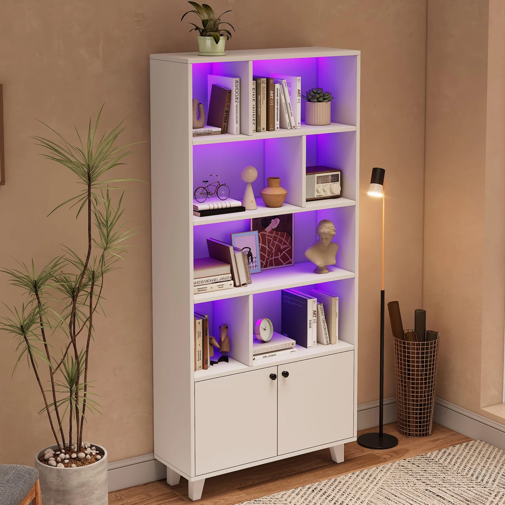 80 x 30 x 173 cm estantería, patas de madera maciza, varios compartimentos, puertas dobles, luz LED que cambia de color, mando a distancia, forma simple (blanco)