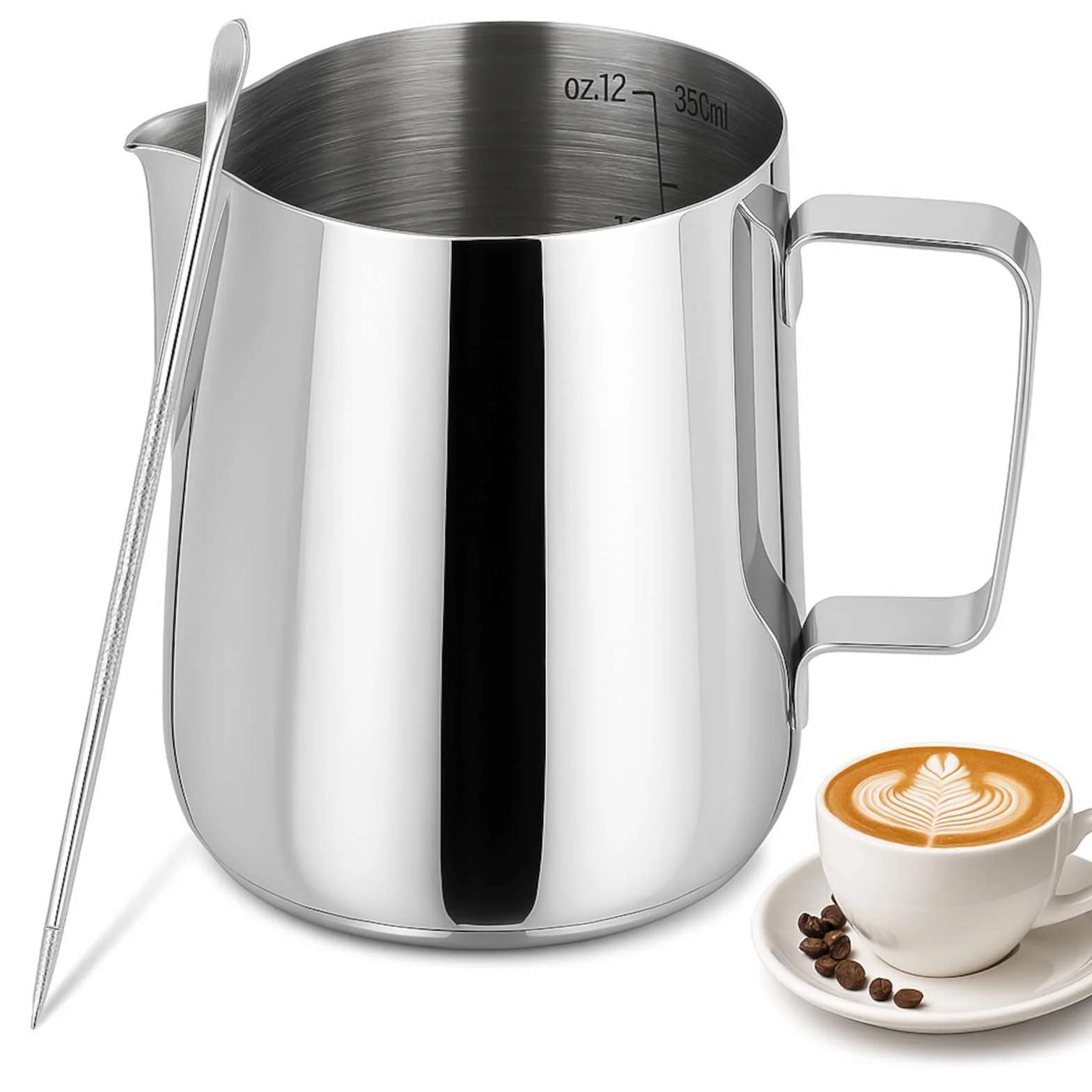 KITDAHOM Jarra de espuma de leche de acero inoxidable 350 ml con escala, dispensador de nata y aguja para latte-art para baristas