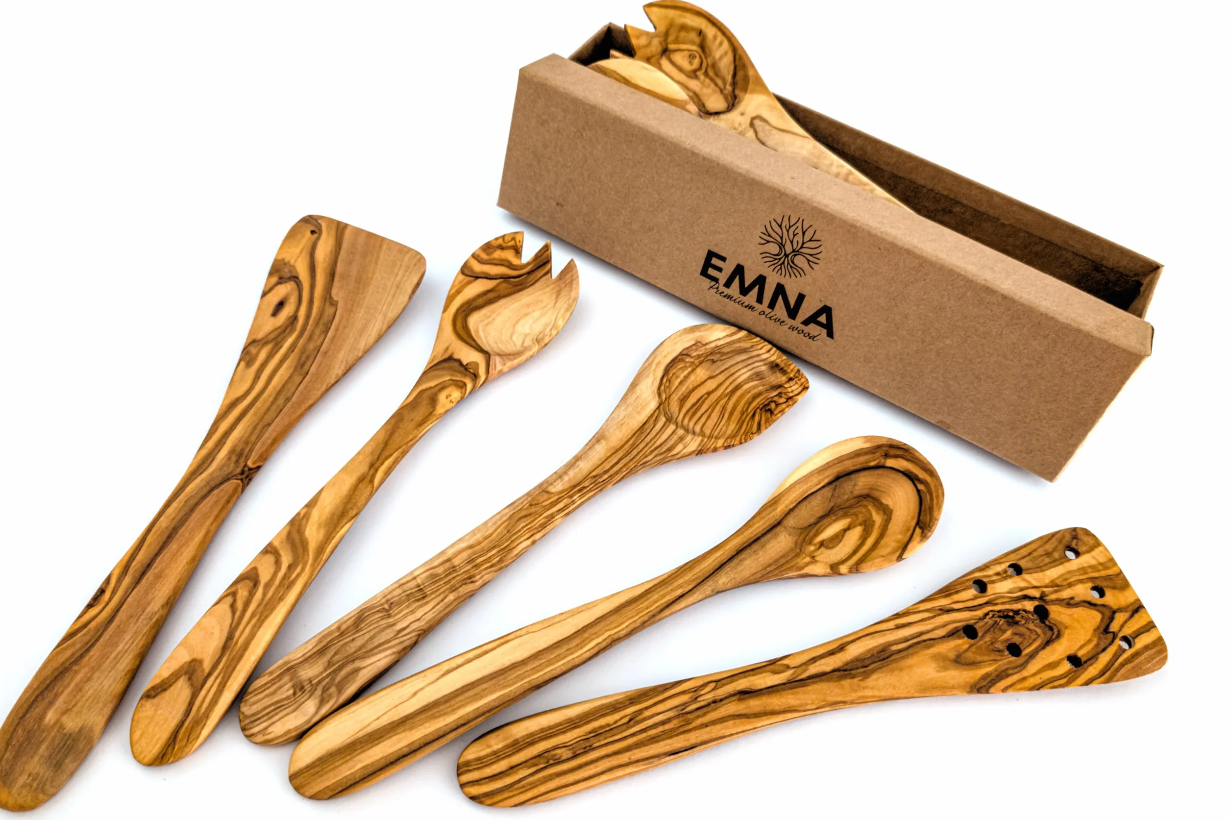 EMNA - Juego de utensilios de cocina de madera de olivo de 5 piezas | aprox. 30 cm | Caja de regalo exclusiva | Cuchara de cocina de diseño con esquina | Cubiertos para ensalada | Espátula plana y