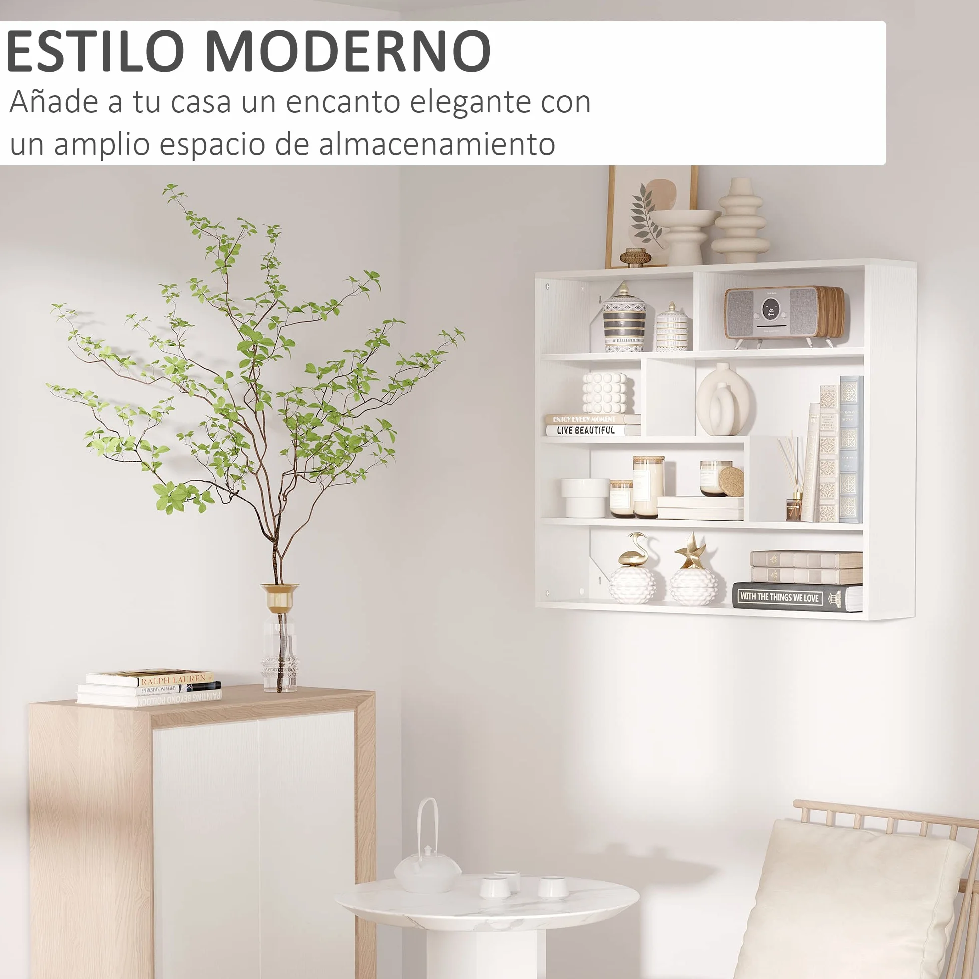 HOMCOM Estantería de Pared 4 Niveles Balda Flotante 94x19,5x80 cm Blanco | 7 Compartimientos Abiertos, para Salón Dormitorio Oficina, Estilo Moderno