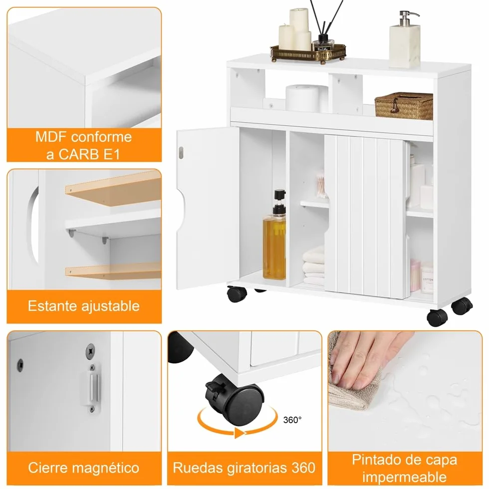 Yaheetech Mueble de Baño con Ruedas Armario de Suelo Estrecho con Puertas Correderas Mueble Cocina Auxiliar de Madera Lacada con Estantes para Espacio Estrecho 20 x 69.5 x 71.5 cm,Blanco