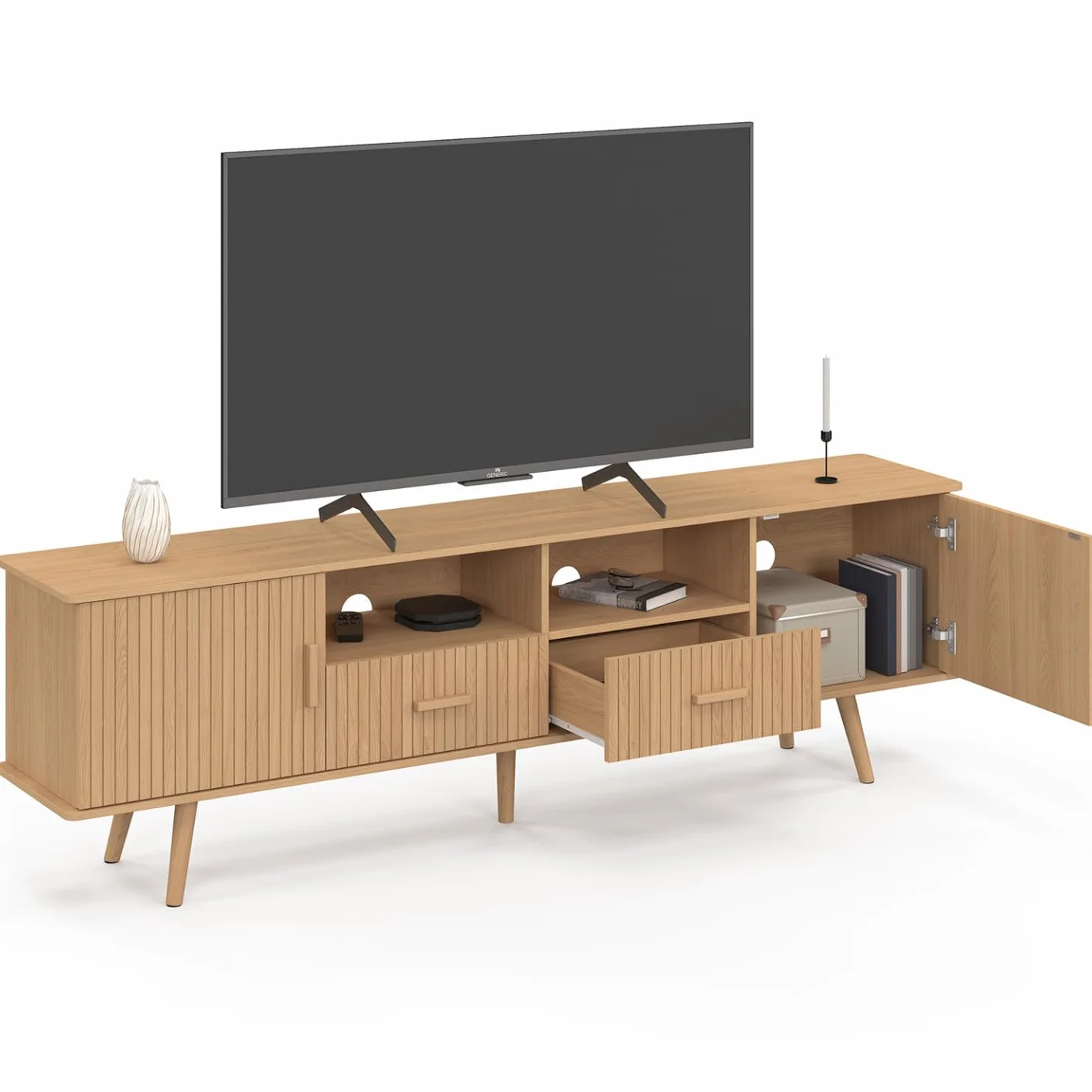 IDMarket - Mueble para TV de 180 cm Juliette con 2 puertas y 2 cajones, con tiras de madera en color roble