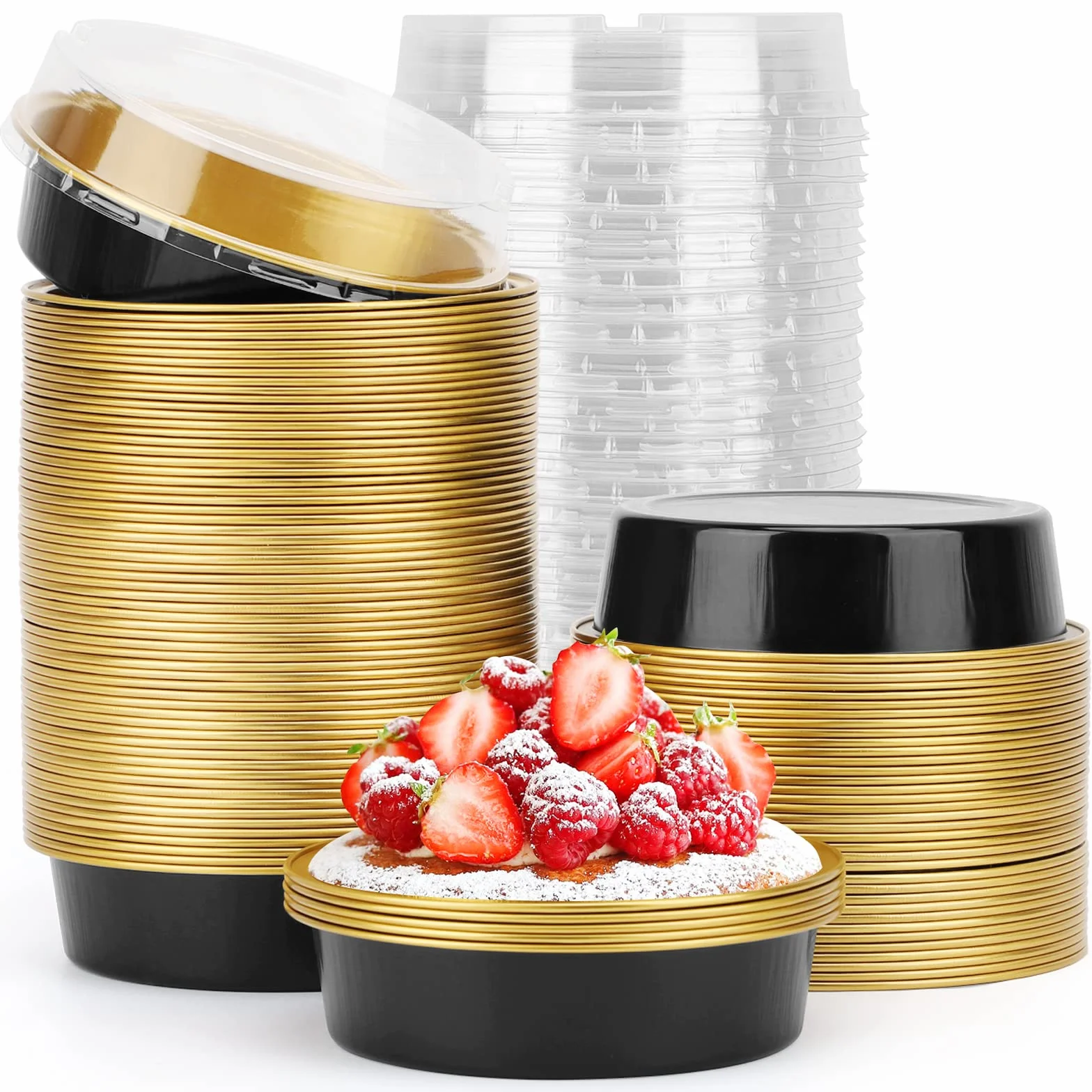 Beasea Moldes de aluminio para cupcakes con tapas, 10 cm 100 unidades Moldes desechables para tartas para pastel, 227 g Moldes de aluminio para tartas en estaño negro dorado Moldes redondos para
