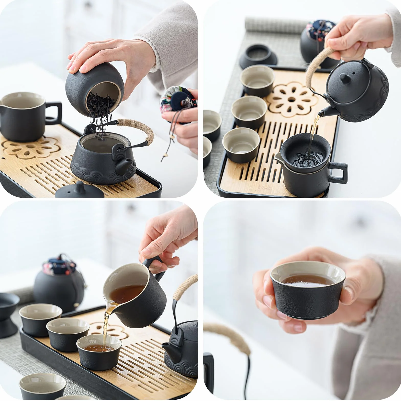 Juego de Té Chino Gongfu Tradicional, Juegos de té japoneses, Juego de Té Negro Portátil para Adultos, 14 Juegos portátiles de teteras de cerámica Negra