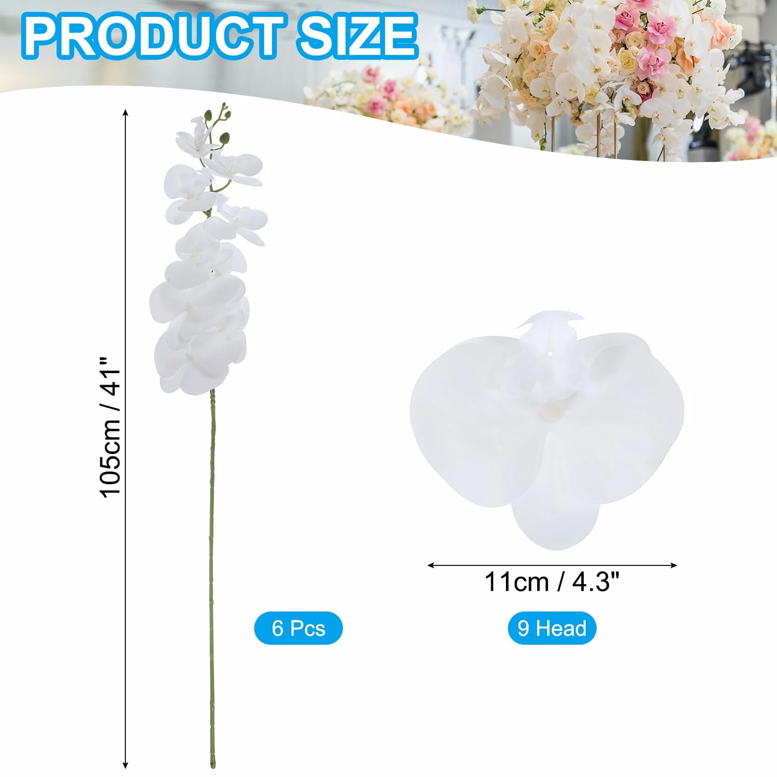 PATIKIL Tallos De Orquídea Artificial 41", Paquete De 6 con 9 Cabezas Flores Falsas Phalaenopsis con Tacto Real Rama De Orquídea Falsa para Jarrón Decoración De Hogar Y Bodas, Blanco