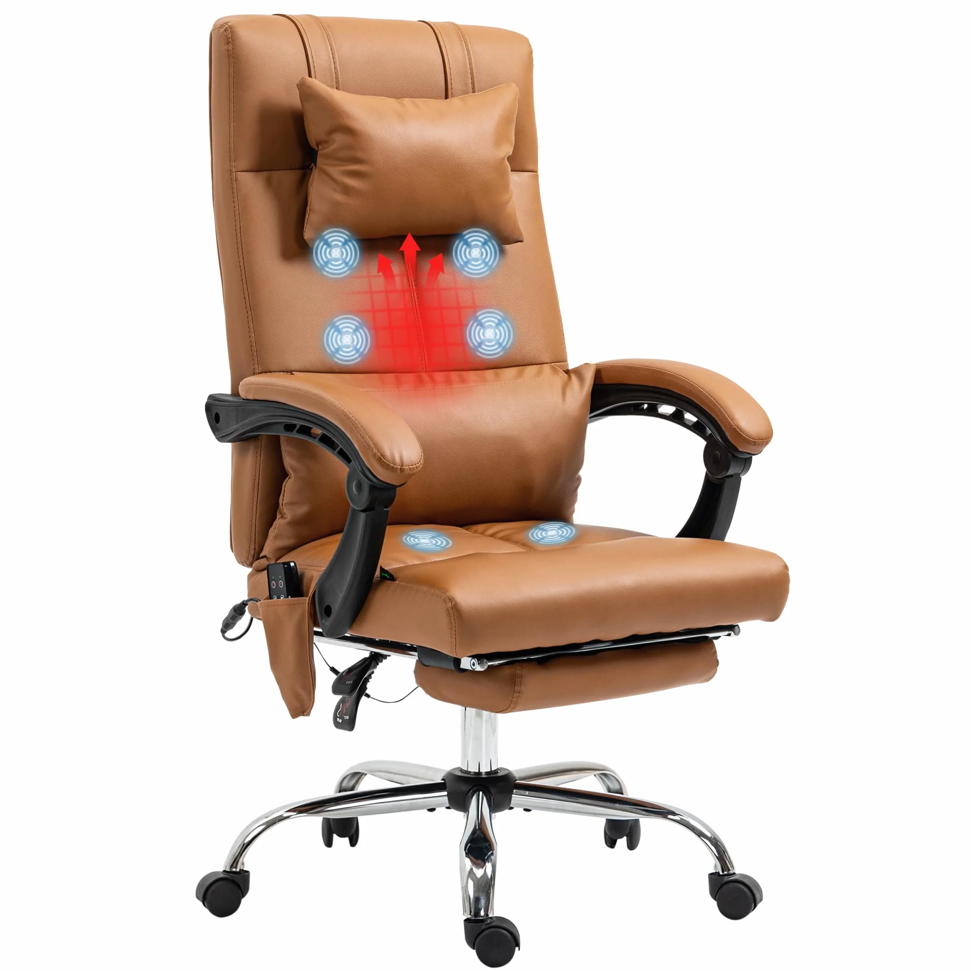 Vinsetto Silla de Oficina Ergonómica con Masaje y Calefacción, Silla de Escritorio Reclinable de Altura Ajustable con Respaldo Alto y Reposapiés, Cuero de PU para Ordenadores, Marrón Claro