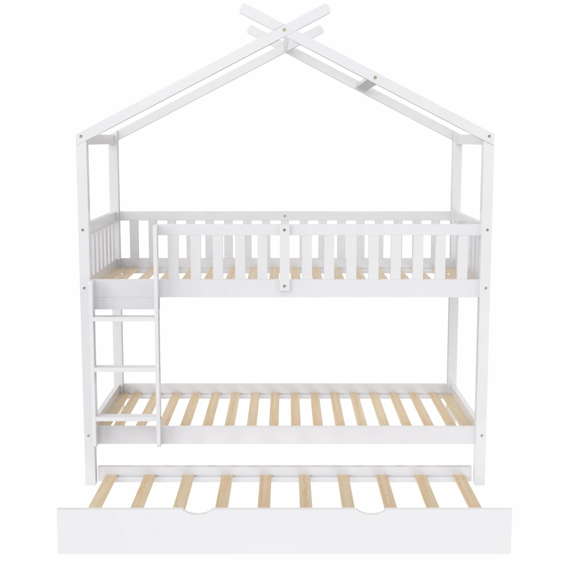 Moimhear Cama para niños House Bed 90 x 200 cm, cama juvenil, tres camas, extensible, diseño que ahorra espacio, color blanco