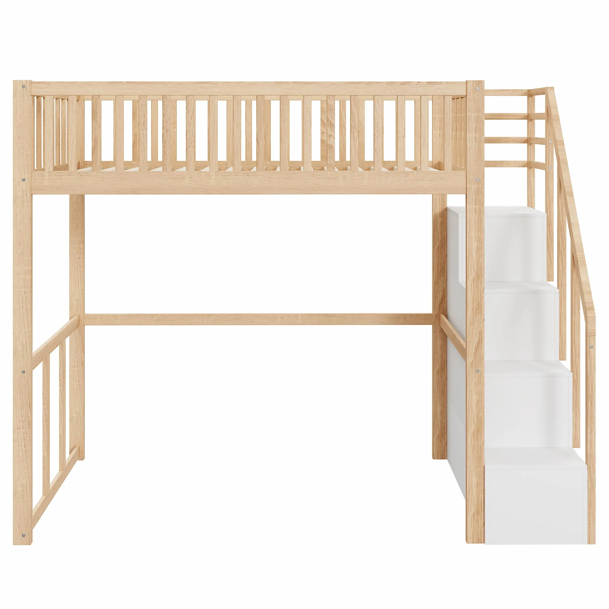 Moimhear Cama alta 90 x 200 cm con escalera de almacenamiento de seguridad, estructura de cama de pino macizo para niños y jóvenes (color madera + blanco)