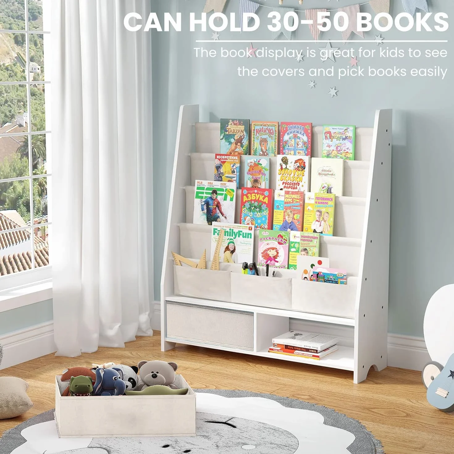 HEYOUTH Estantería Montessori de Madera Maciza con 2 Cajas y 4 Estantes Abiertos - Mueble Infantil, Armario de Almacenamiento con Anti-Vuelco 86x70x28cm