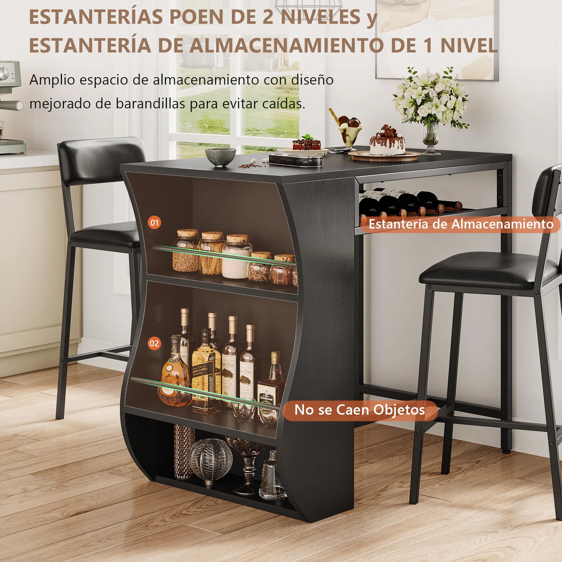 FEONASE Juego de mesa de bar y taburetes de 3 piezas con estante para vino, marco de acero
