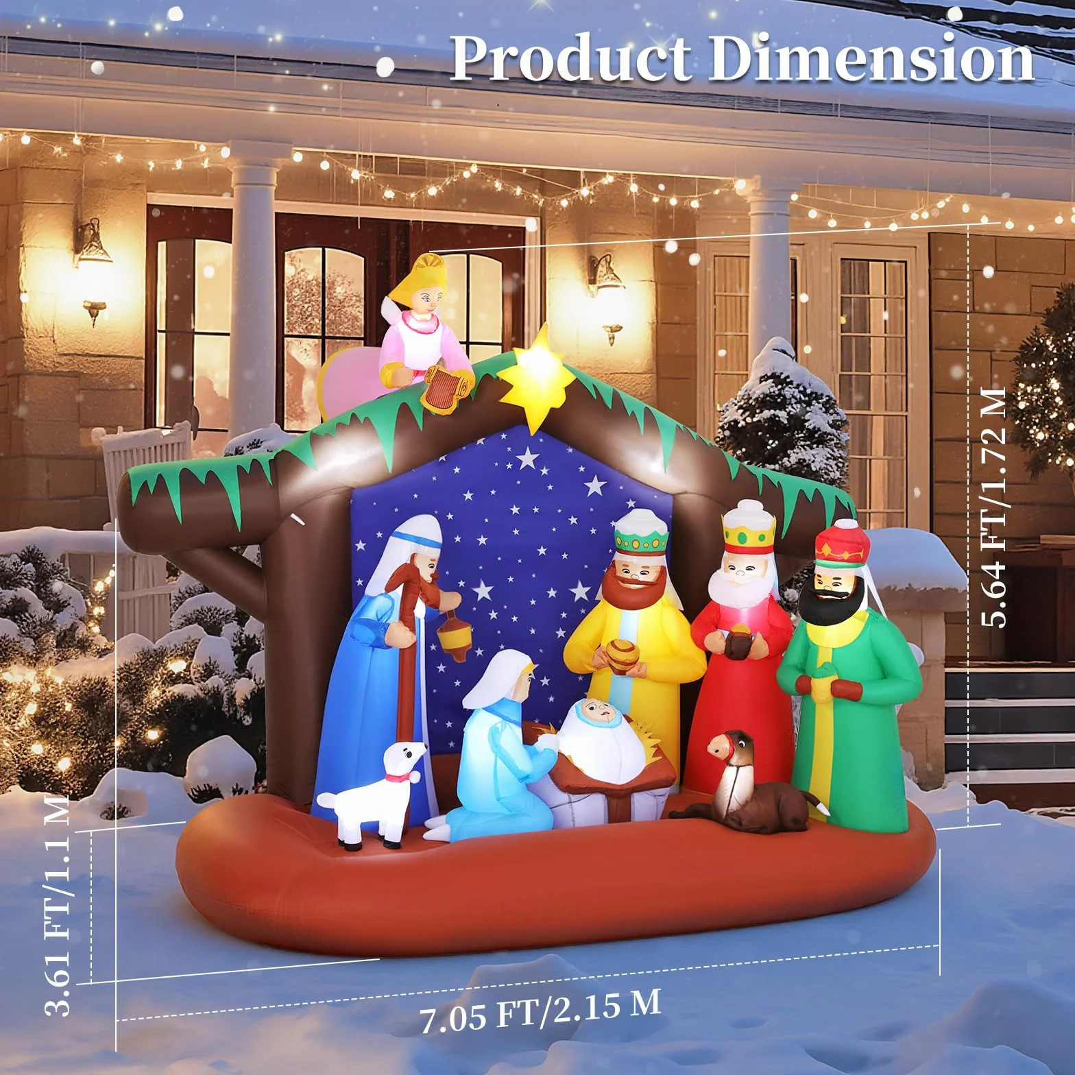 Lewondr Decoraciones Navideñas Inflables Belén para Exteriores, 7FT Inflable Navideño con 12 Luces LED, Iluminado De Belén Impermeable para Decoración Navideña De Jardín