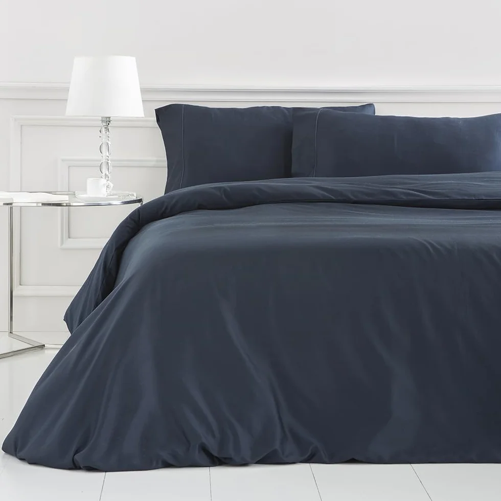 COTTON ARTean Funda Nórdica cama 105 satén algodón 400 Hilos LOREA Azul Funda edredón 180x220 + 1 Funda Almohada + Bajera Ajustable Cierre con Botones.