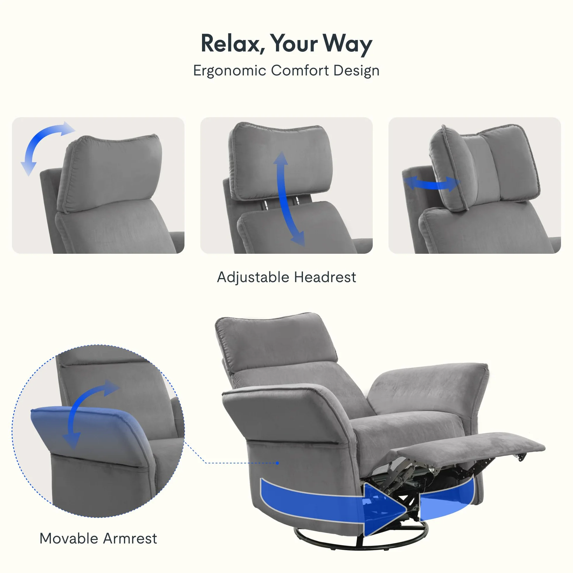 FLEXISPOT Cradle Sillón Relax, Sillon Eléctrico con Función Reclinable, Chaises Longues, Sillón Giratorio TV con Balancín, Reposacabezas 3D, Reposabrazos Ajustable, Respaldo Ajustable para Salón, Gris