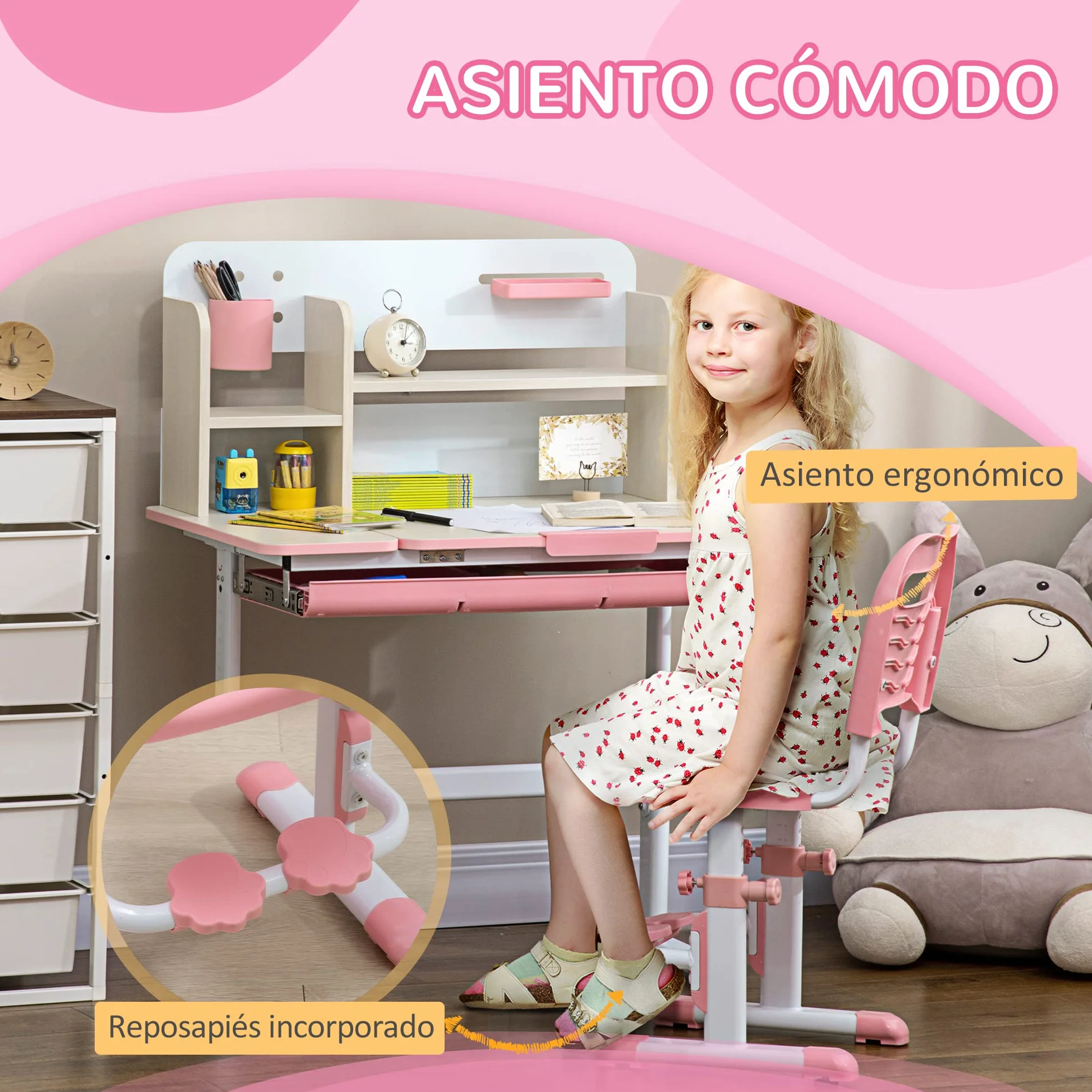 HOMCOM Escritorio y Silla para Niños +3 Años Altura Ajustable Mesa Inclinable Cajón Estantería 80x52x88-109 cm Rosa
