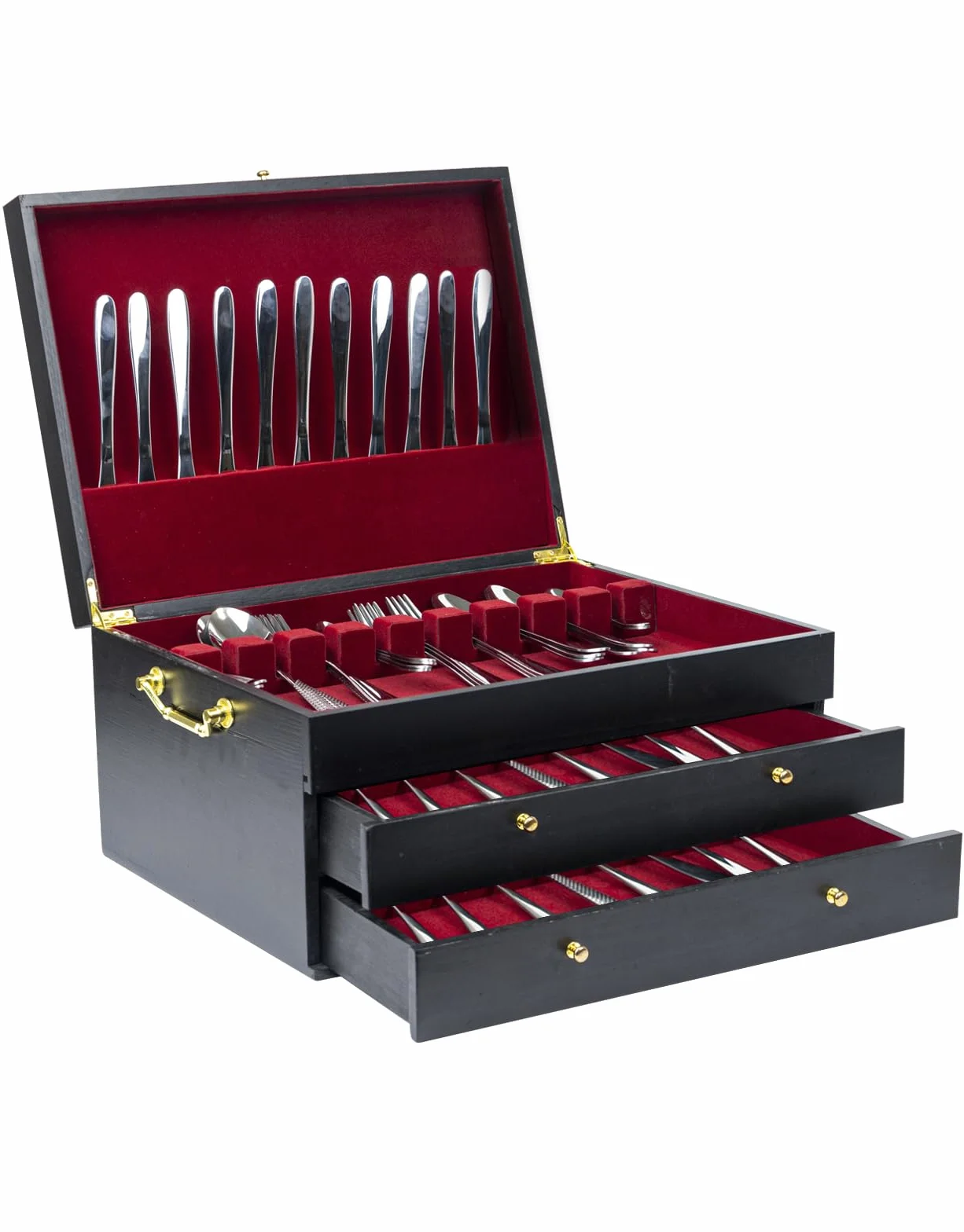 Caja de almacenamiento de cubiertos, caja de madera de 3 capas con cajón, funda para cubiertos con asa y forro de fieltro, organizador de cubiertos y utensilios de cocina de 15.4 x 11.4 pulgadas
