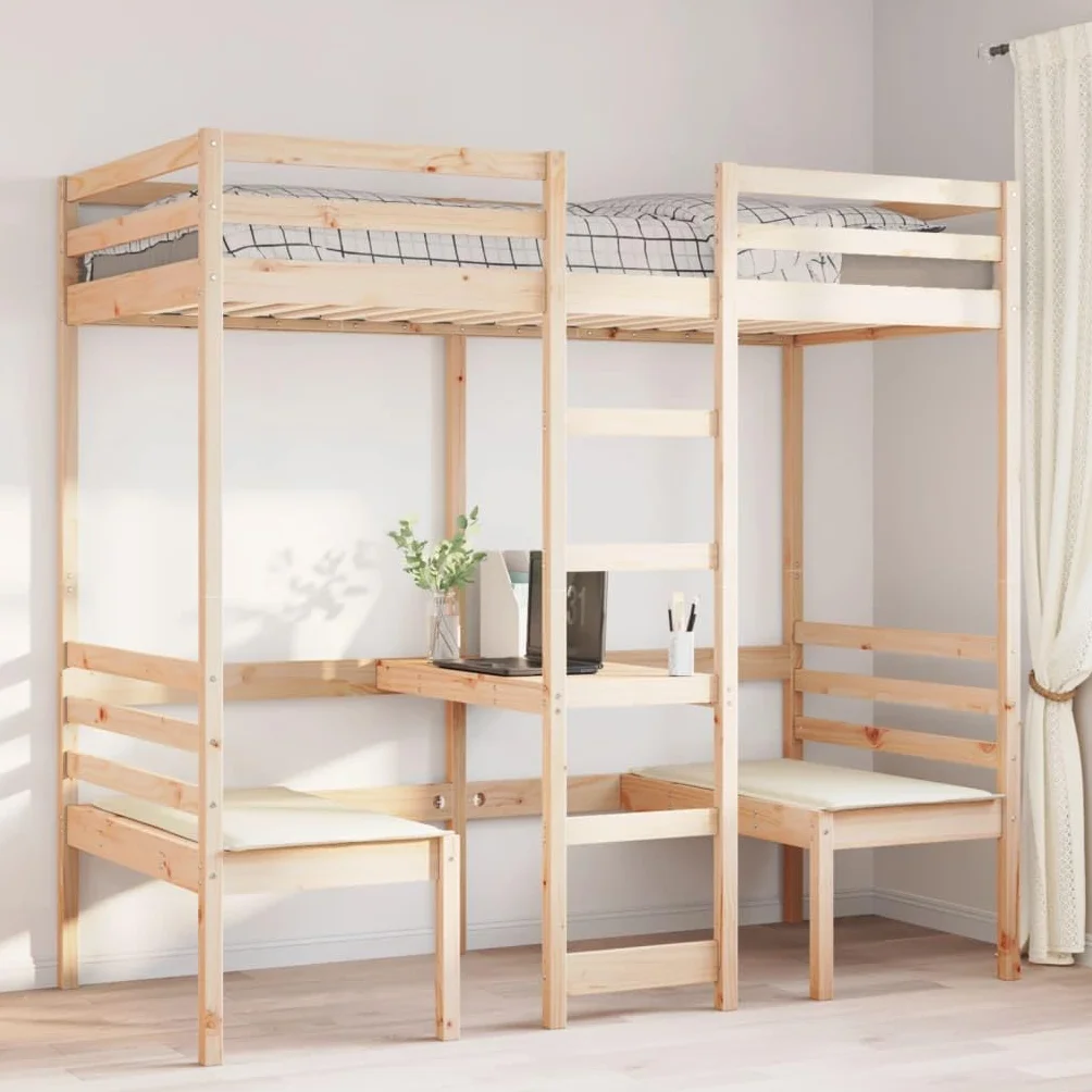 Cama alta 90 x 190 cm de madera maciza de pino con escritorio y 2 sillas, marco de cama para niños y jóvenes, muebles seguros para dormir