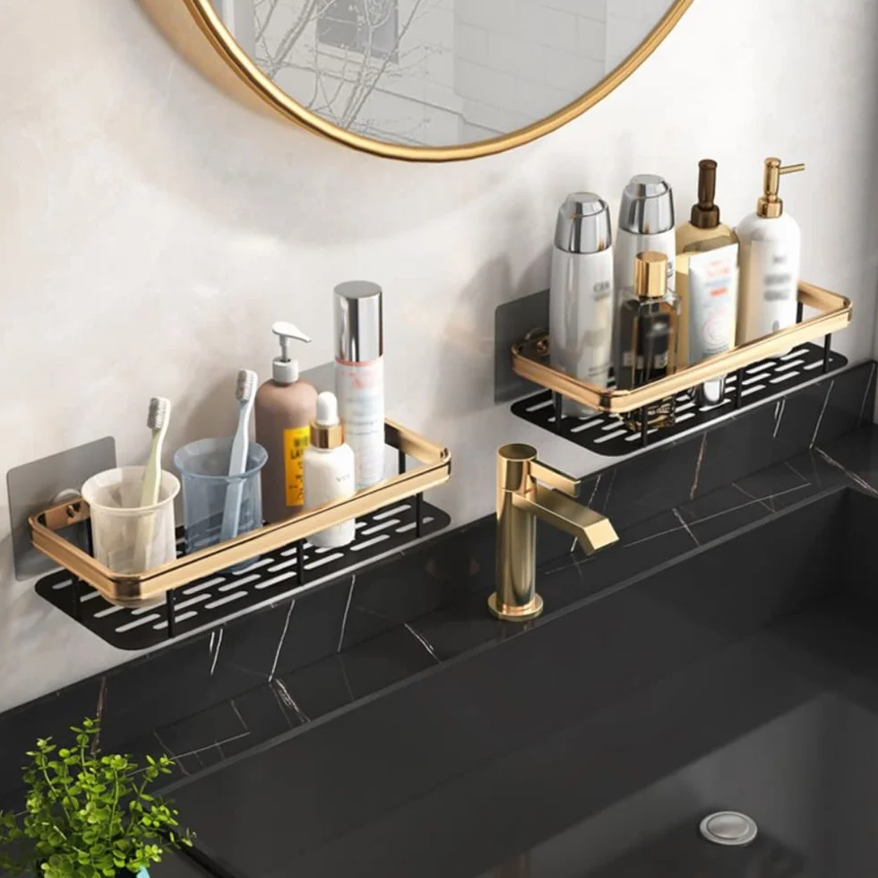 Cesta de ducha Estante de baño Cesta de ducha, Adhesivo de ventosa sin perforaciones en la pared, Soporte de champú para inodoro de aluminio dorado negro, Estante organizador de cocina Almacenamiento