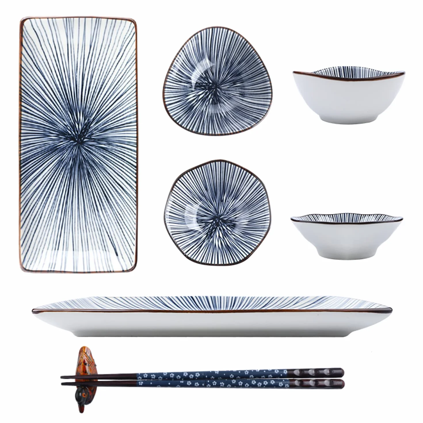 Artcome Juego de vajilla de cerámica de estilo japonés de 10 piezas para inauguración de la casa de boda, 2 platos de sushi, 2 platos de salsa, 2 cuencos de aperitivos, 2 pares de palillos, 2 soportes